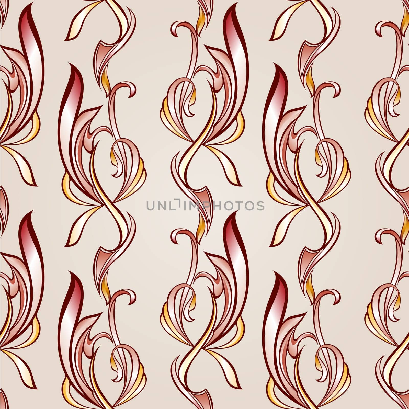 Seamless pattern with ornate florid elements in burgundy, pink and yellow shades on pastel rose pink background