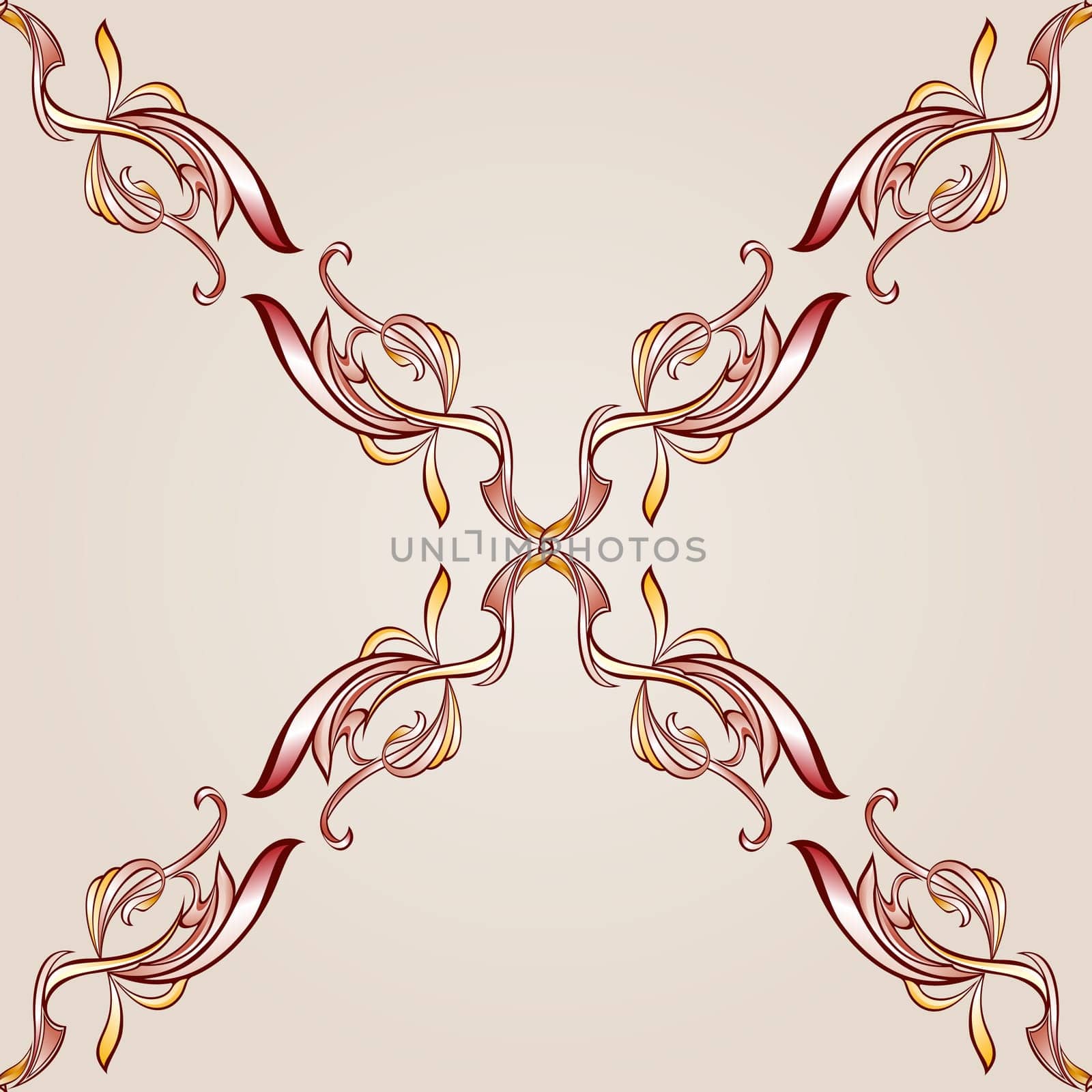 Seamless pattern of floral cross elements in burgundy, pink and yellow shades on pastel rose pink background