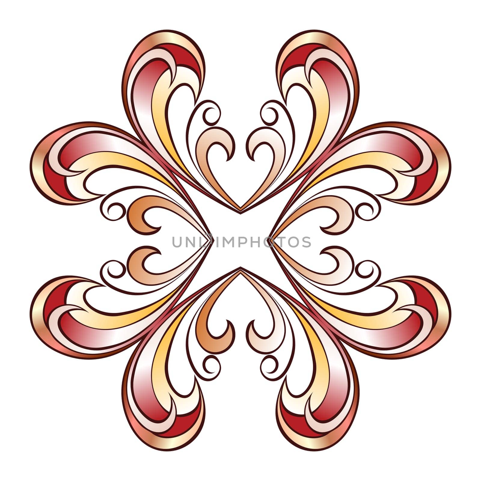 Ornate cross style floral pattern in red, pink, yellow shades on white background