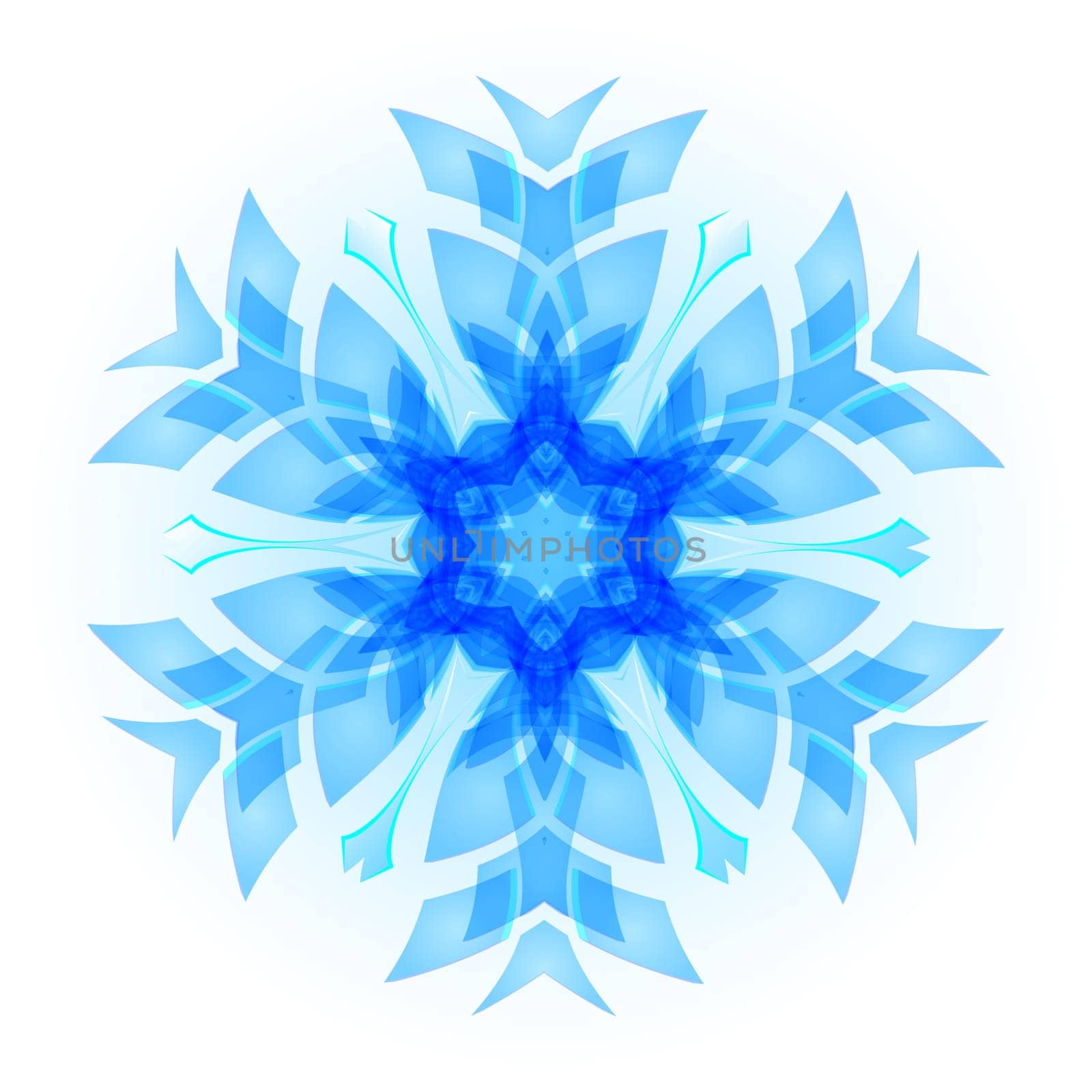 Patterned blue snowflake on the white background.