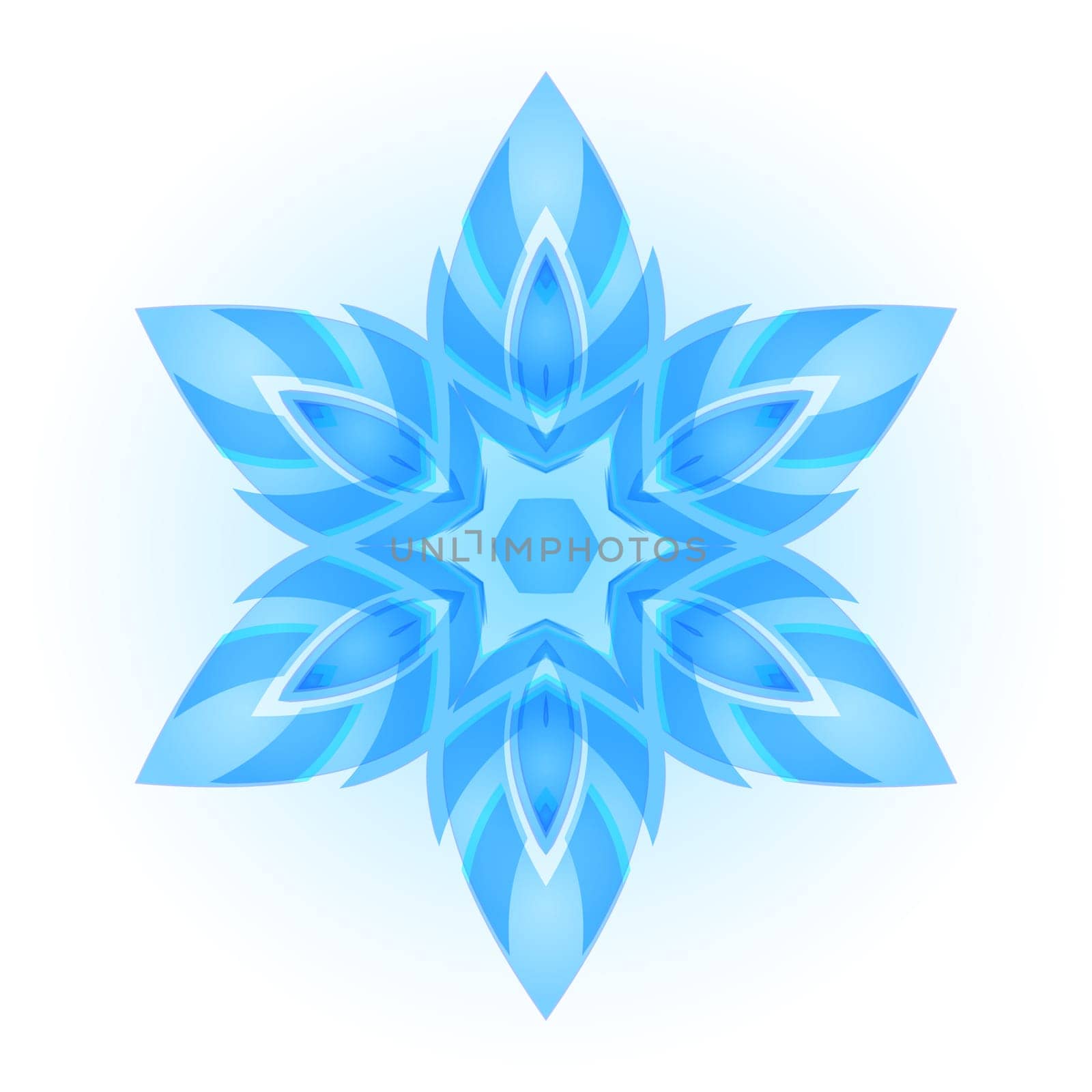 Light blue hexagonal snowflake, symmetry. White background.