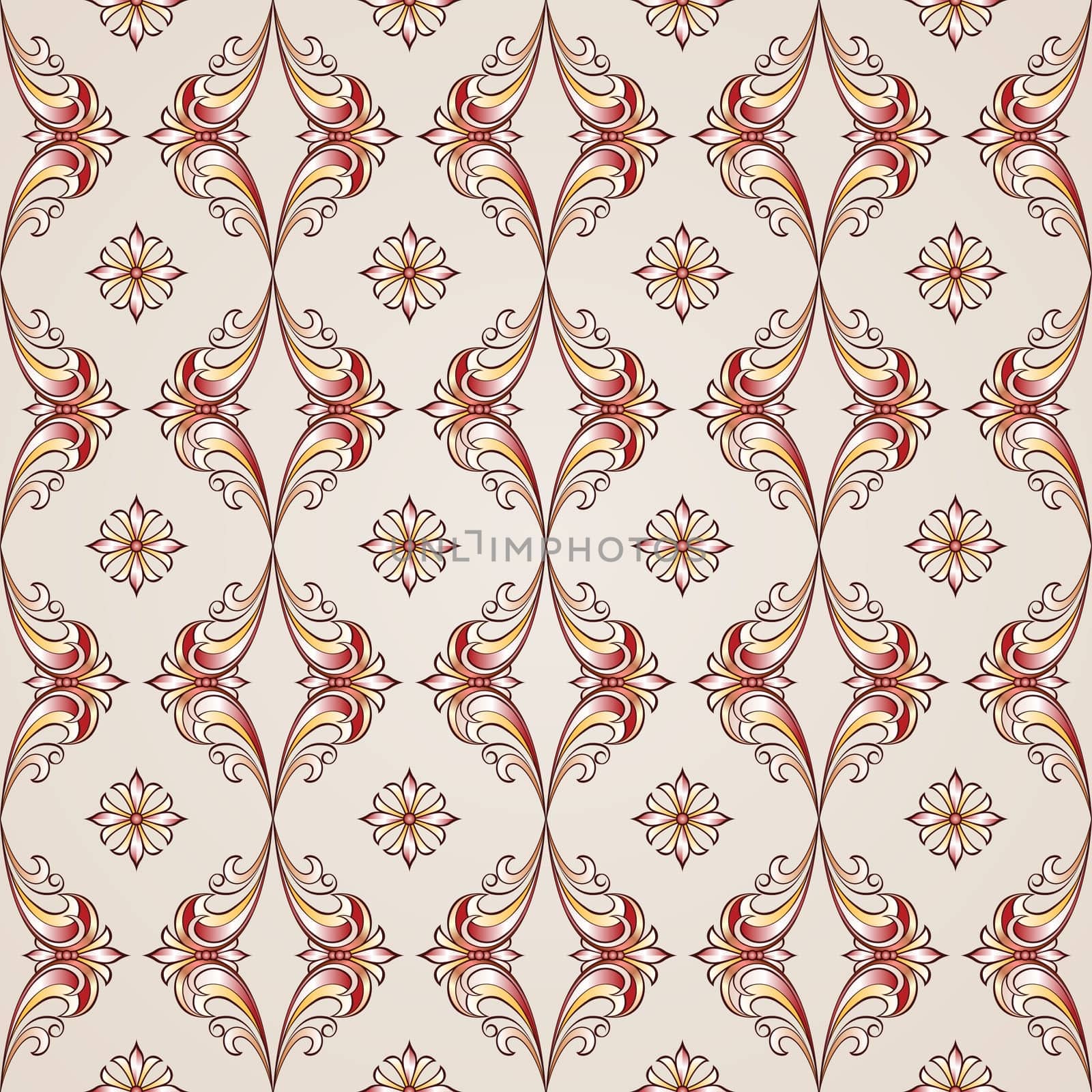 Floral vintage style seamless pattern in red, golden and rose pink shades