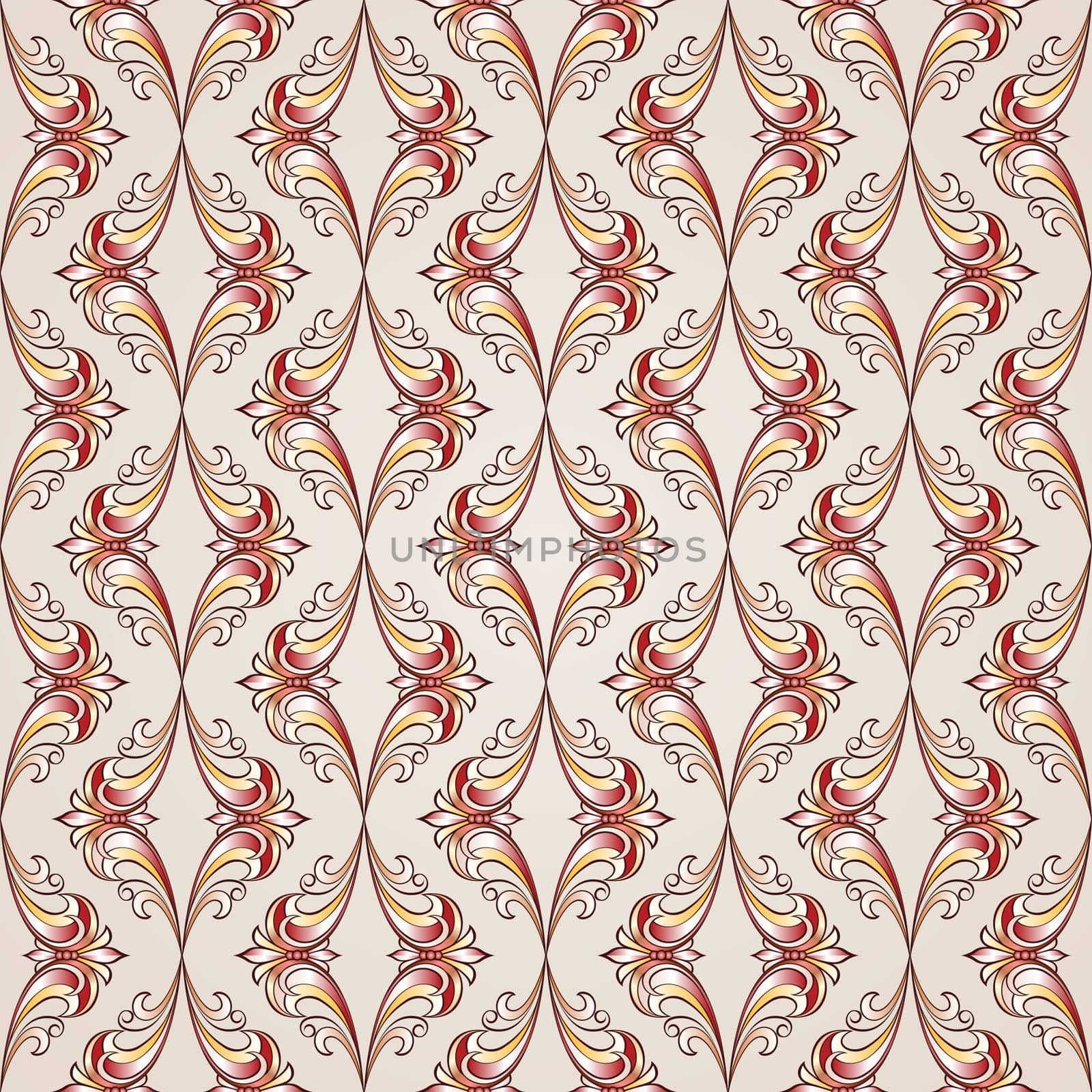 Floral seamless pattern in vintage style. Illustration in red, golden and rose pink shades