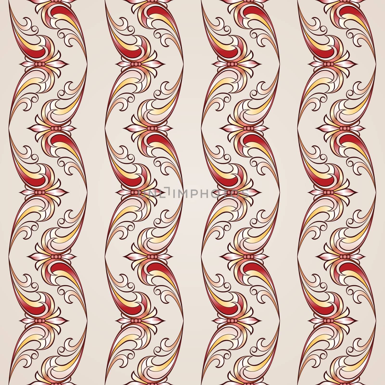 Seamless floral pattern in vintage style. Illustration in red, golden and rose pink shades