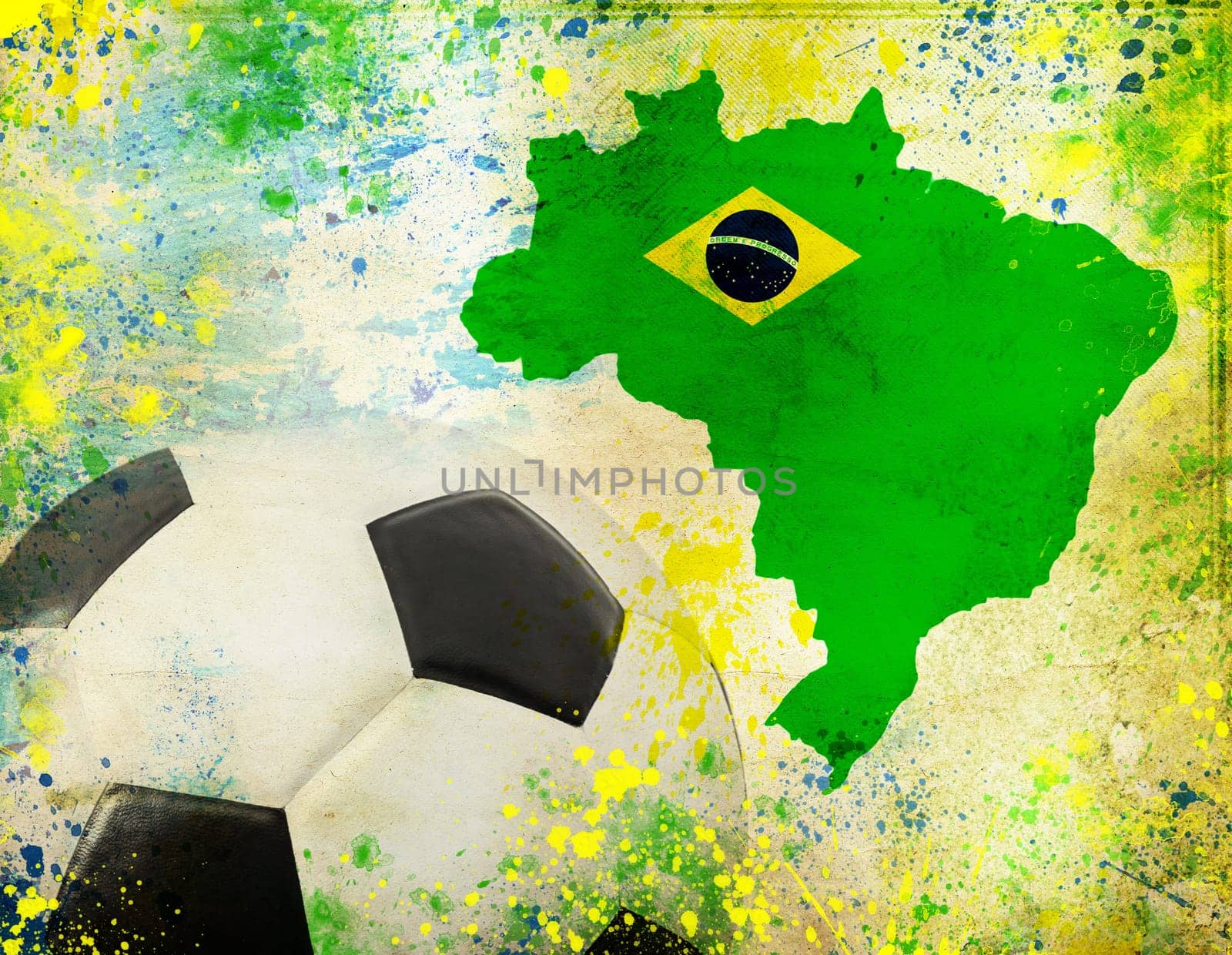 Vintage photo of soccer ball, Brazil map and the colors of the flag