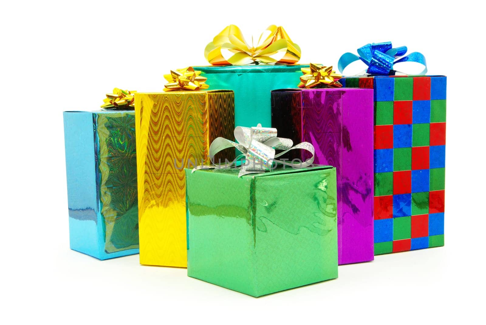 Christmas box gifts with satin bow isolated on white background