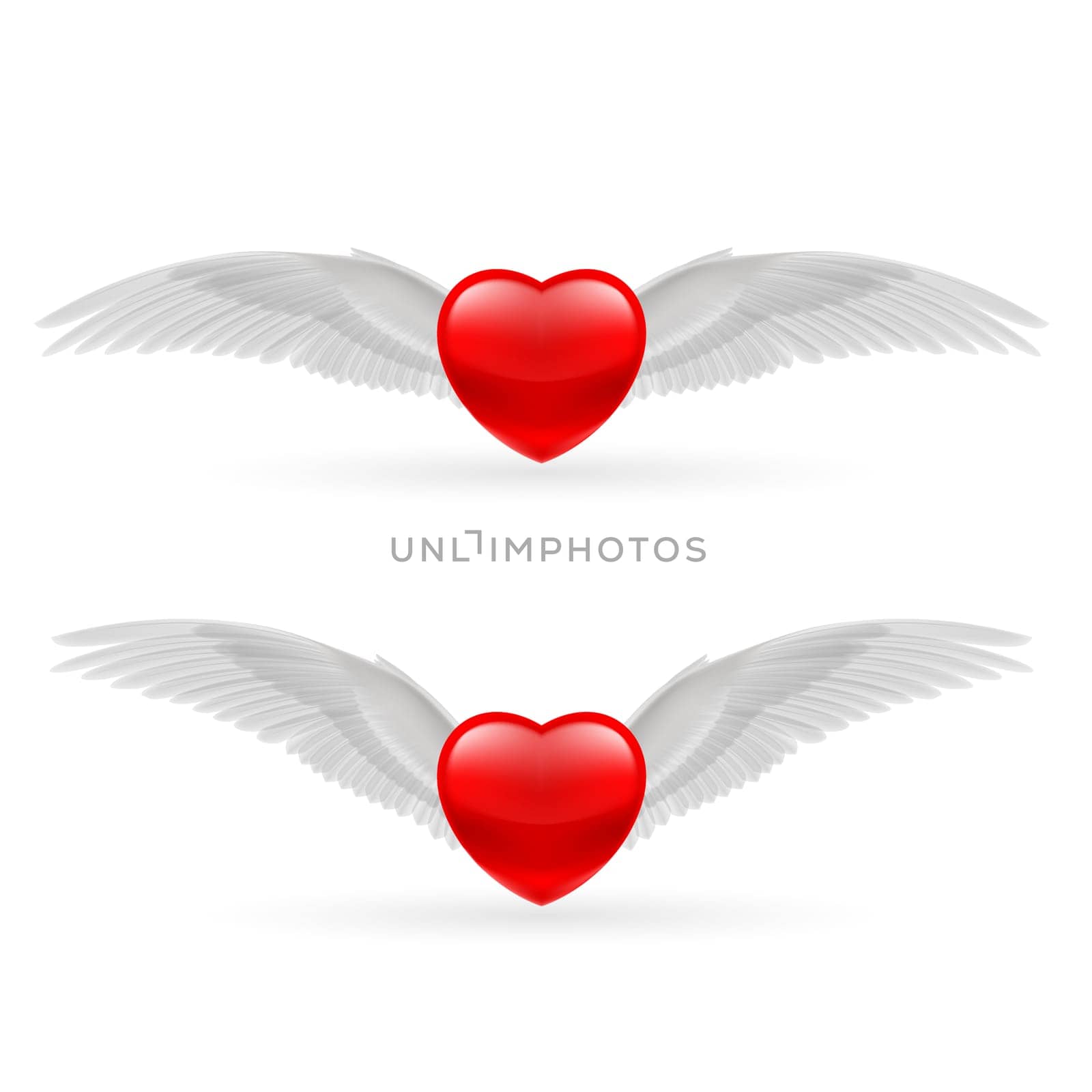Two red hearts with white dove wings.