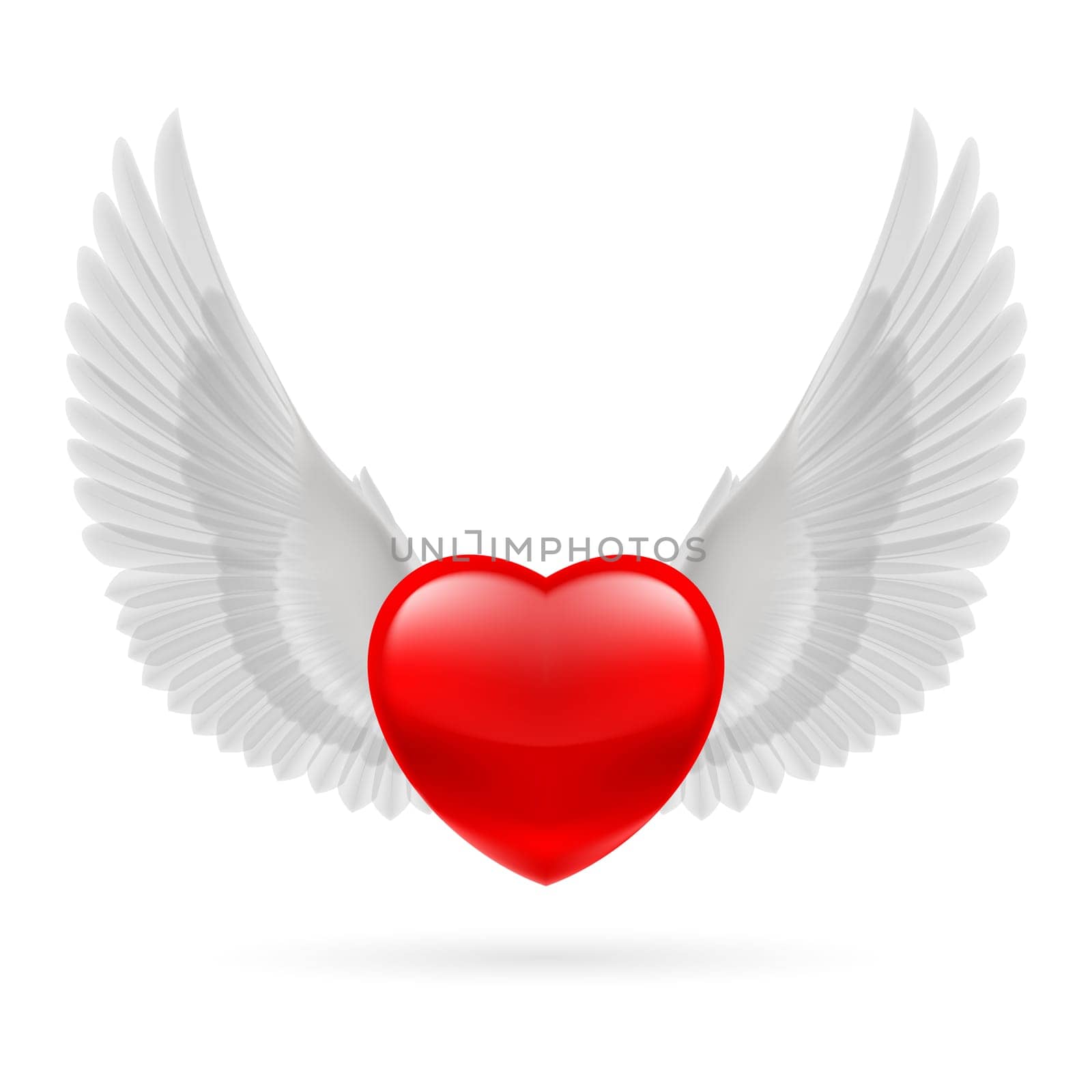 Red heart with white raised dove wings.
