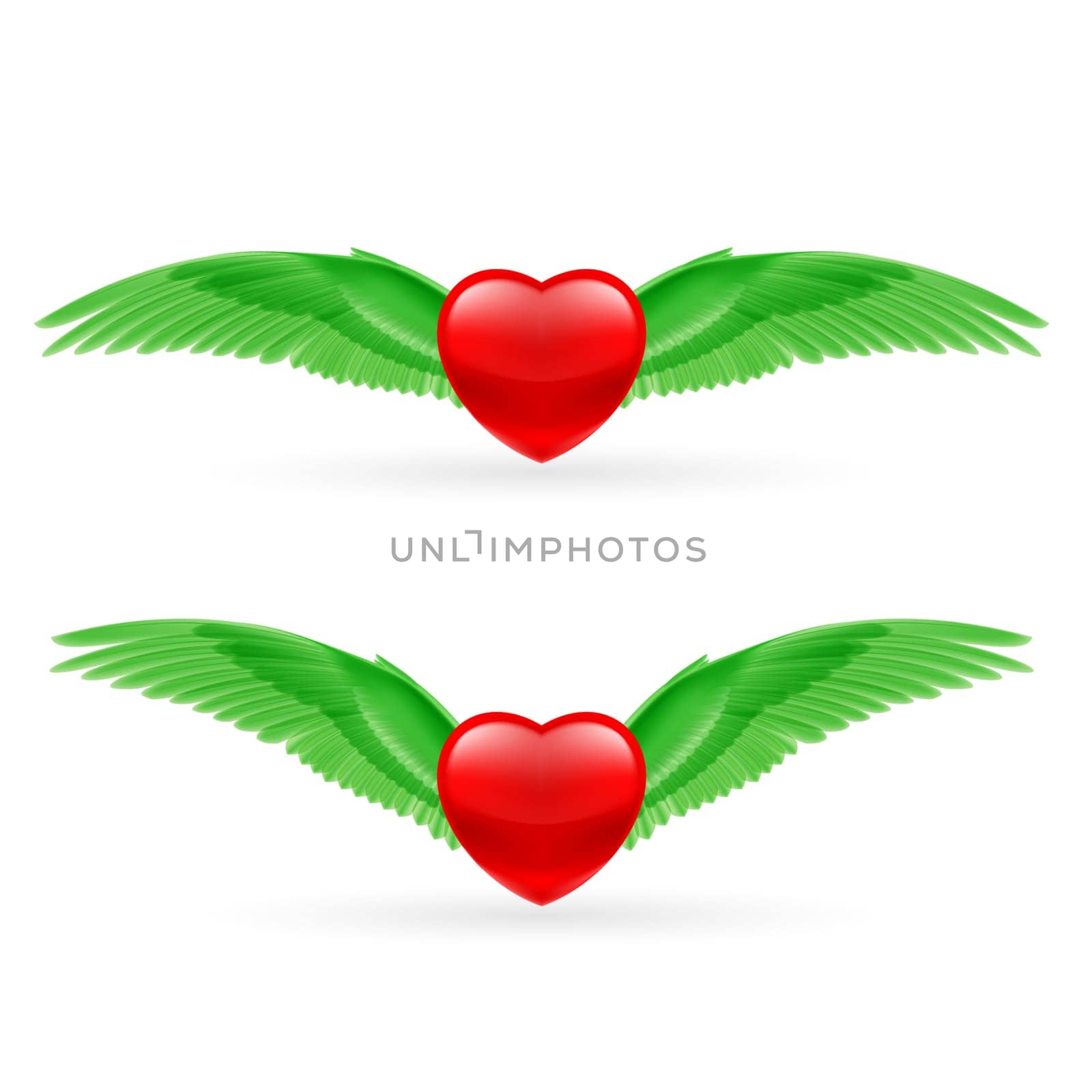 Two red hearts with bright green wings.