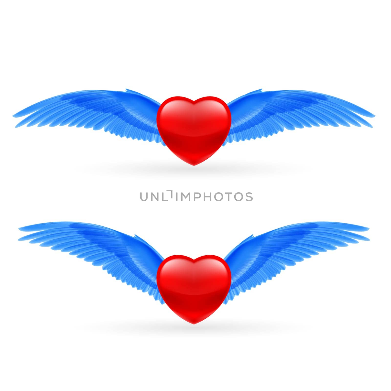 Two red hearts with bright blue wings.