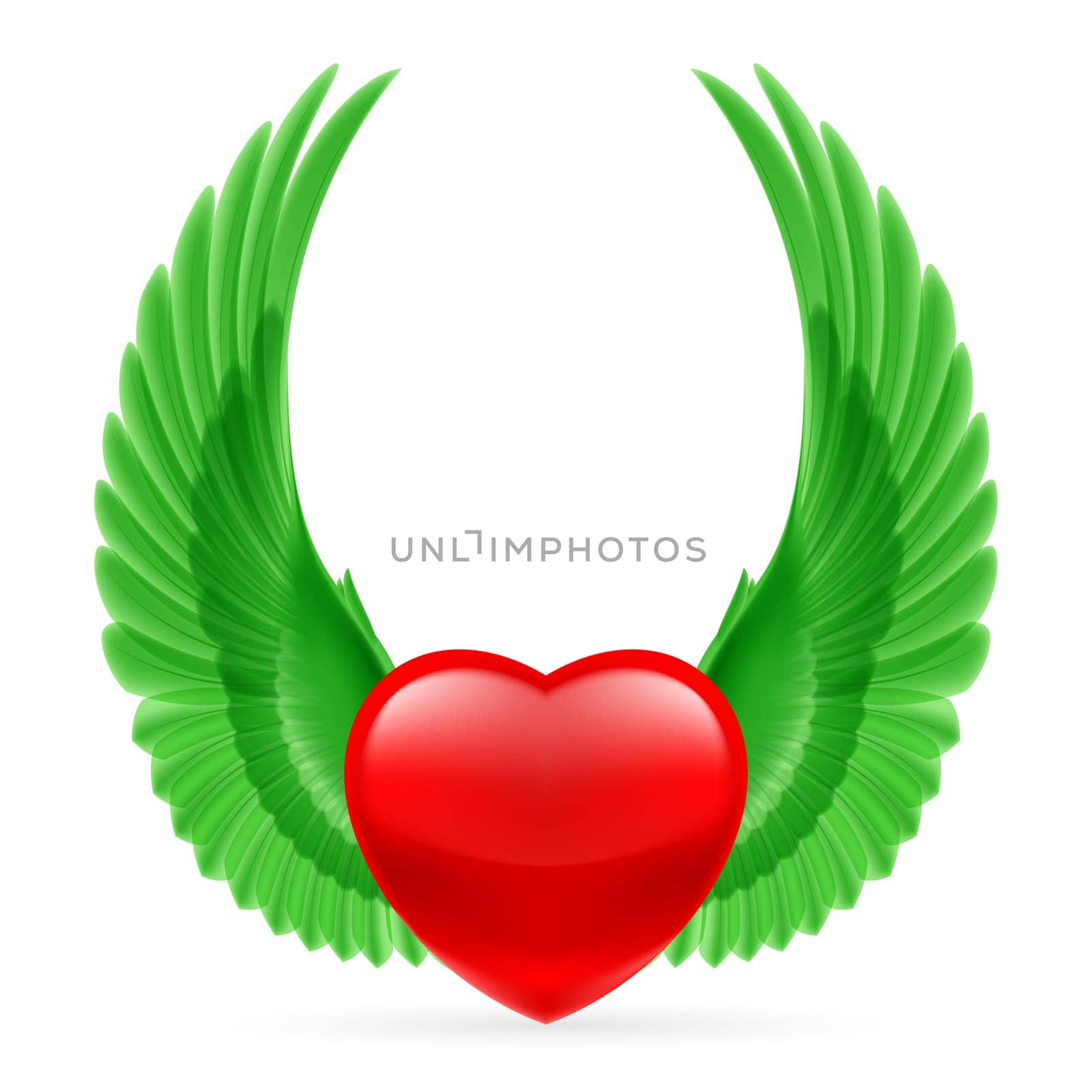 Red heart with bright green wings up.
