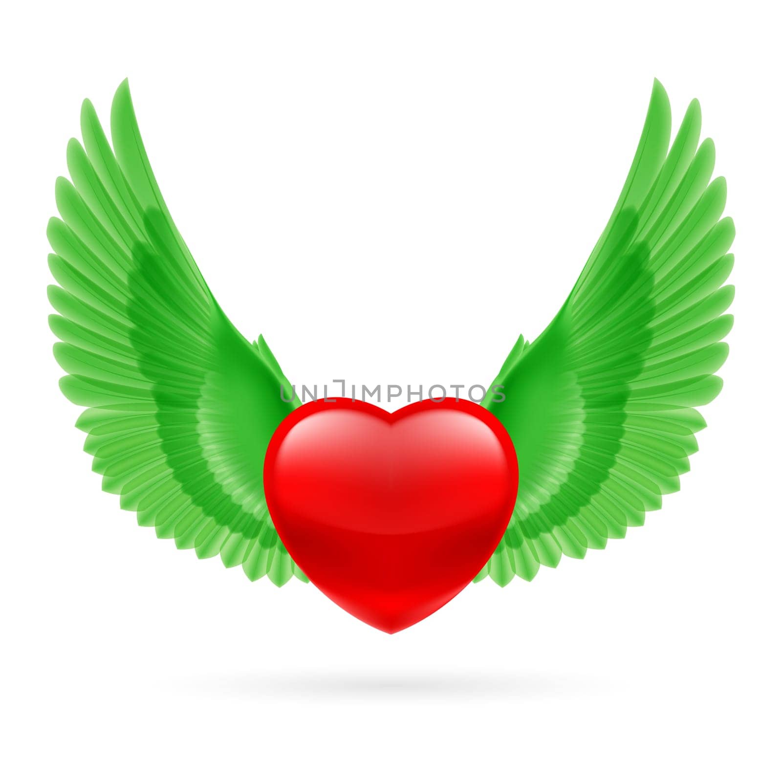 Red heart with raised bright green wings.