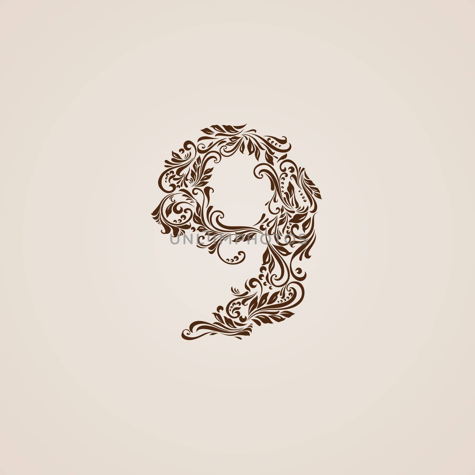 Richly decorated nine digit on beige background.