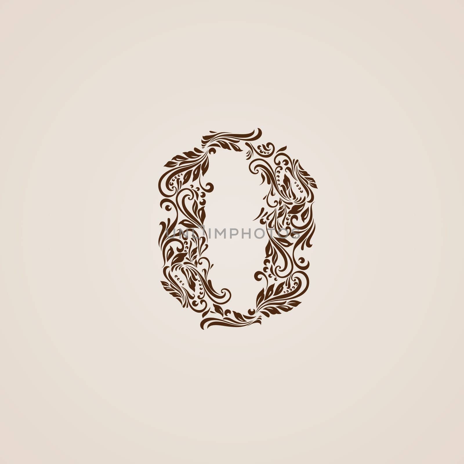 Richly decorated zero digit on beige background.