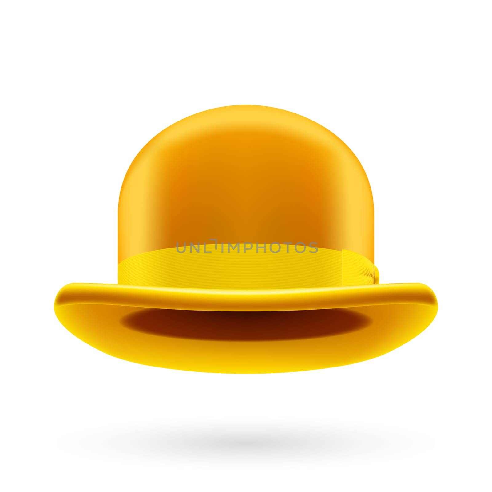 Yellow round traditional hat with hatband on white background.