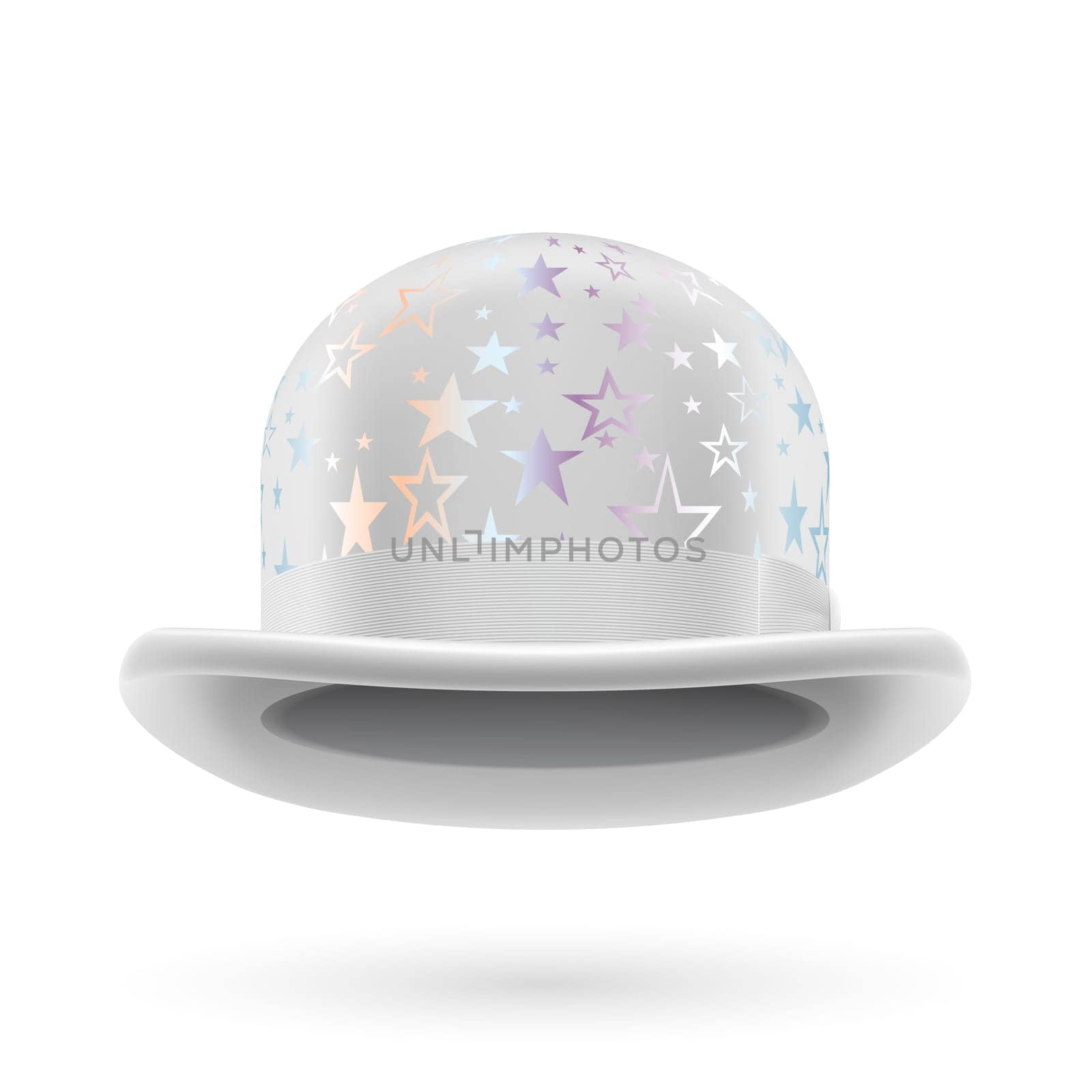 White round bowler hat with silver glistening stars.