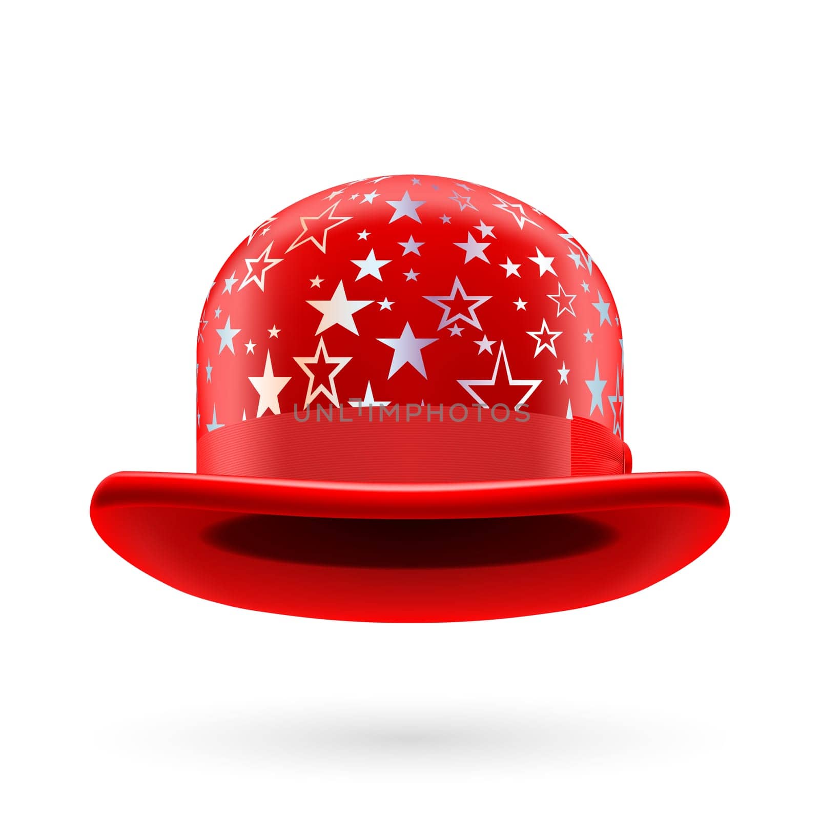Red round bowler hat with silver glistening stars.