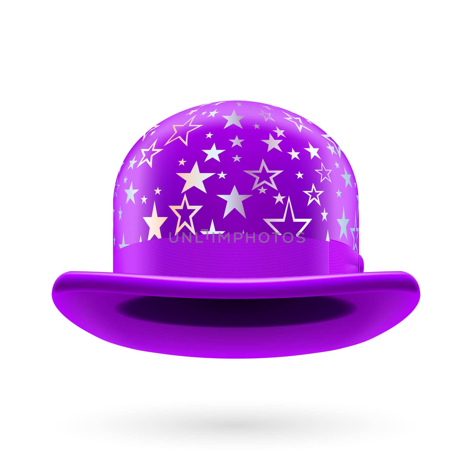 Violet round bowler hat with silver glistening stars.