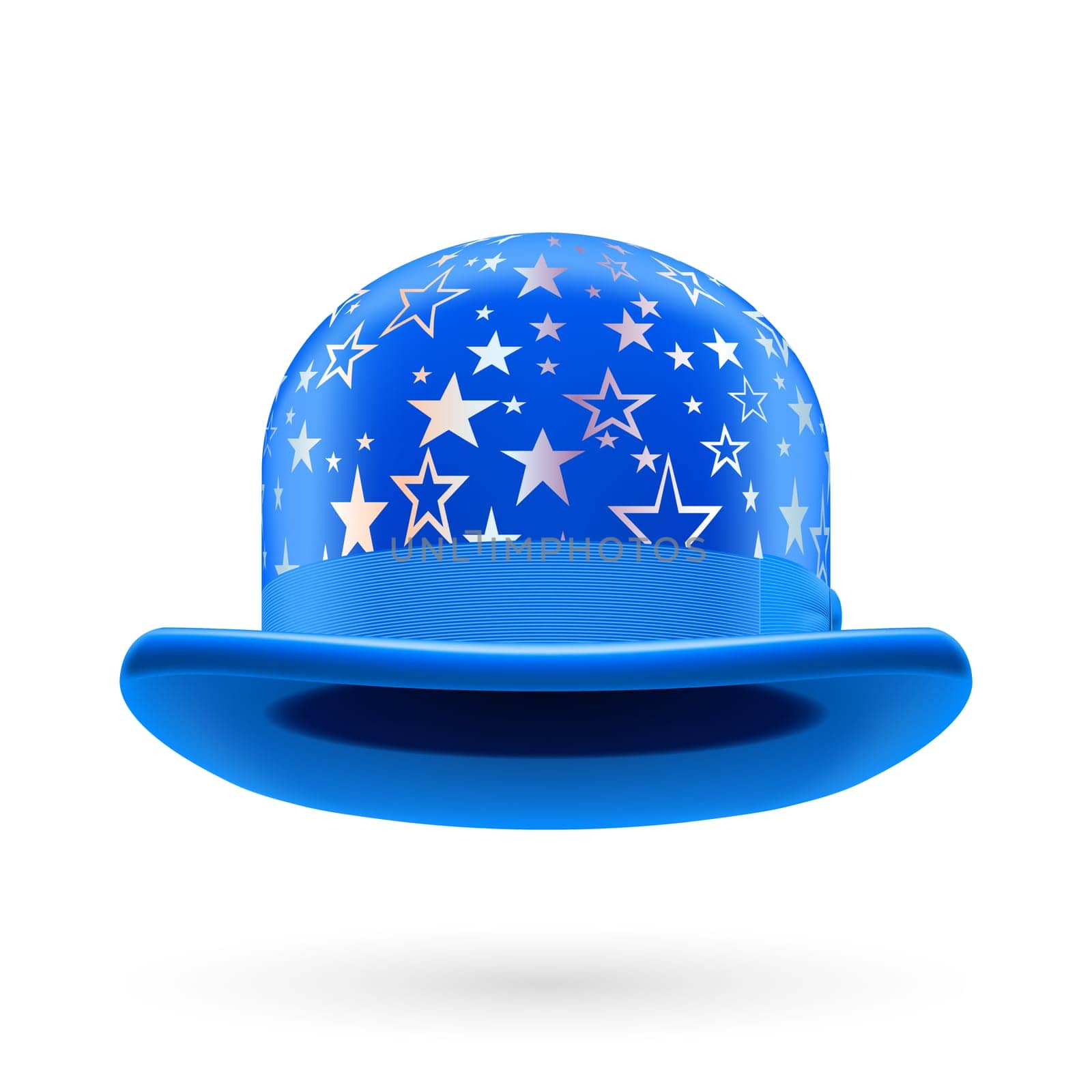 Blue round bowler hat with silver glistening stars.