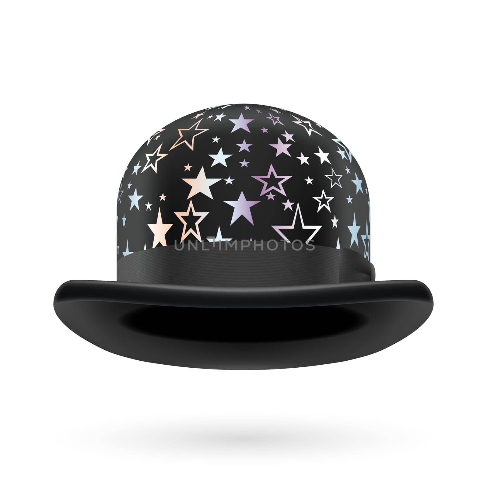 Black round bowler hat with silver glistening stars.