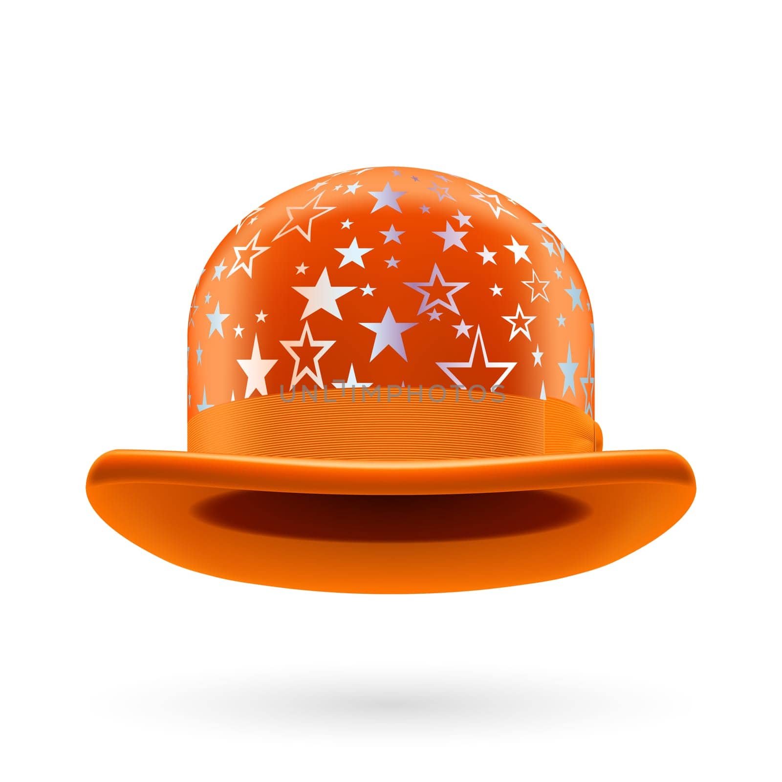 Orange round bowler hat with silver glistening stars.