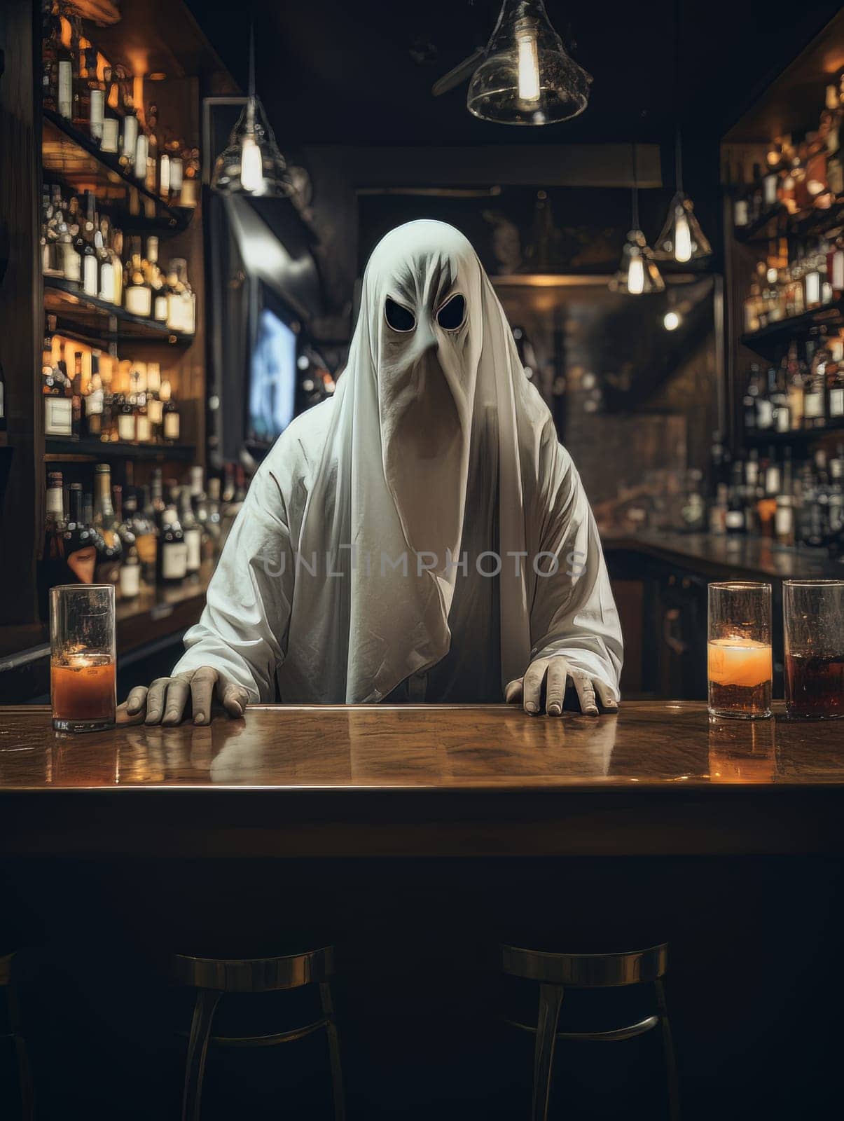 Creepy white ghost sitting at the bar table with alcohol, AI by but_photo