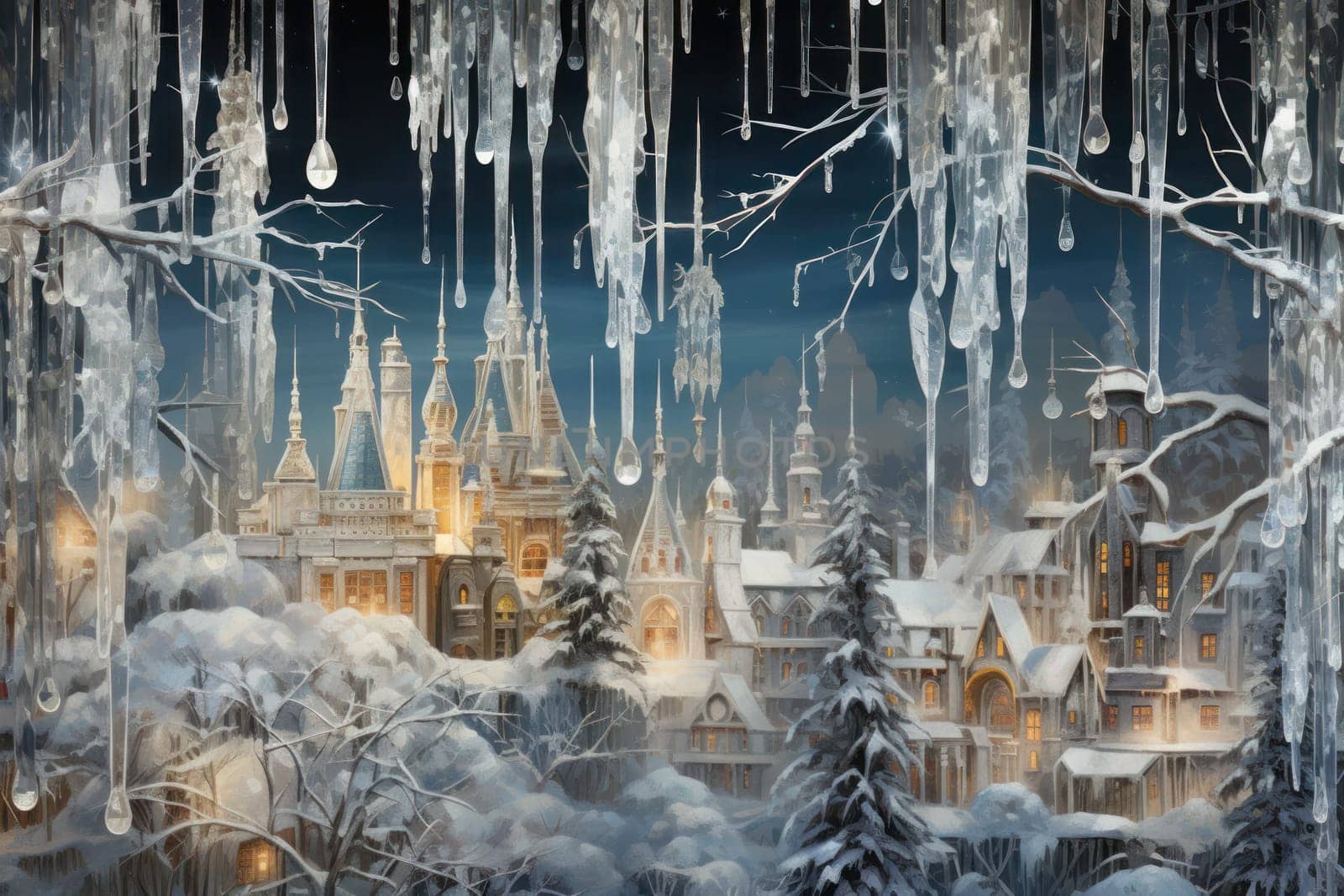 A remarkable portrayal of winter's allure, focusing on the glistening, see-through charm of icicles suspended from rooftops and tree limbs, showcasing their sparkling and crystalline elegance.