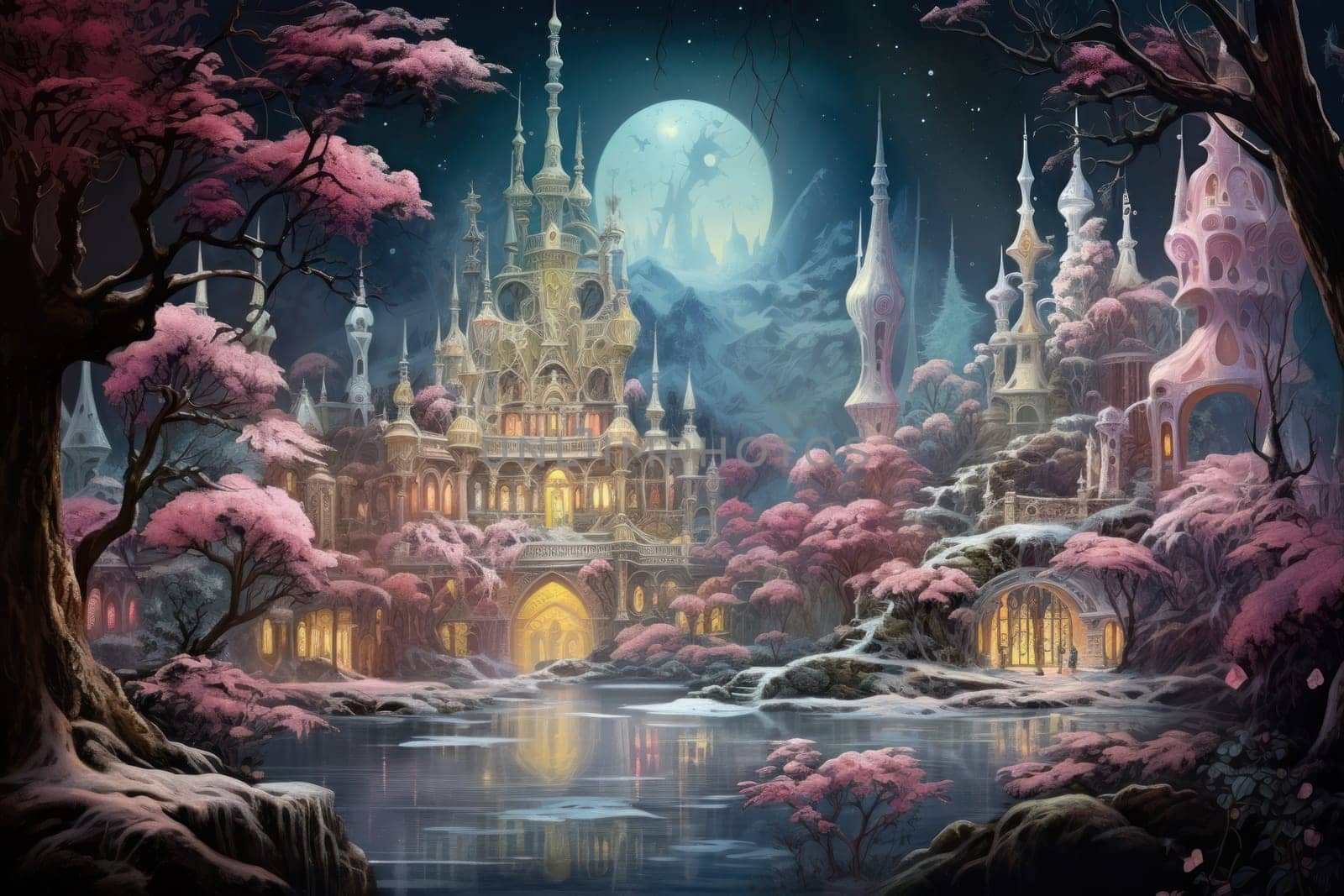 A captivating artistic portrayal of the enchanting winter season, where landscapes are magically transformed into a wonderland adorned with shimmering snow and sparkling icicles.