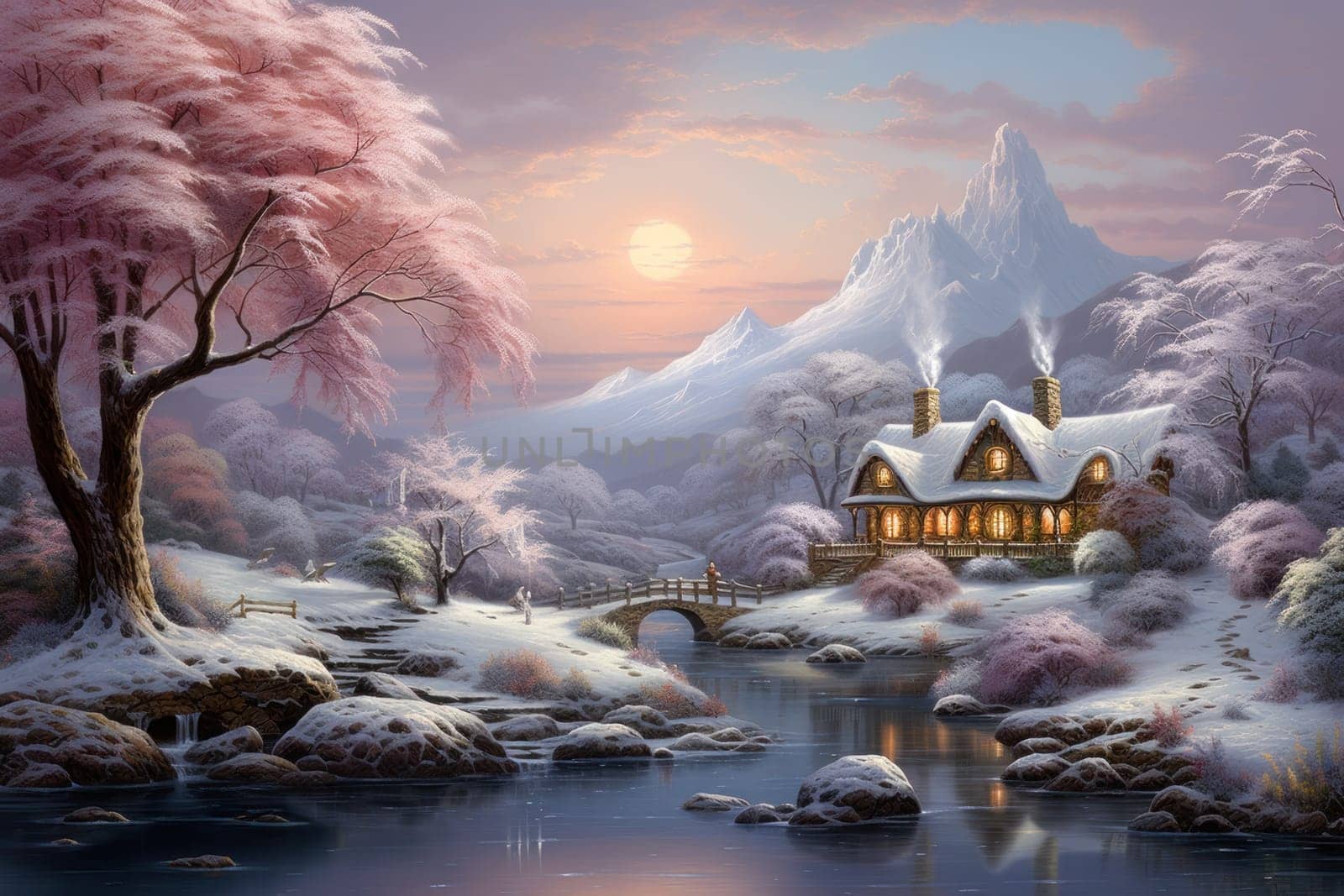 A captivating artistic portrayal of the enchanting winter season, where landscapes are magically transformed into a wonderland adorned with shimmering snow and sparkling icicles.
