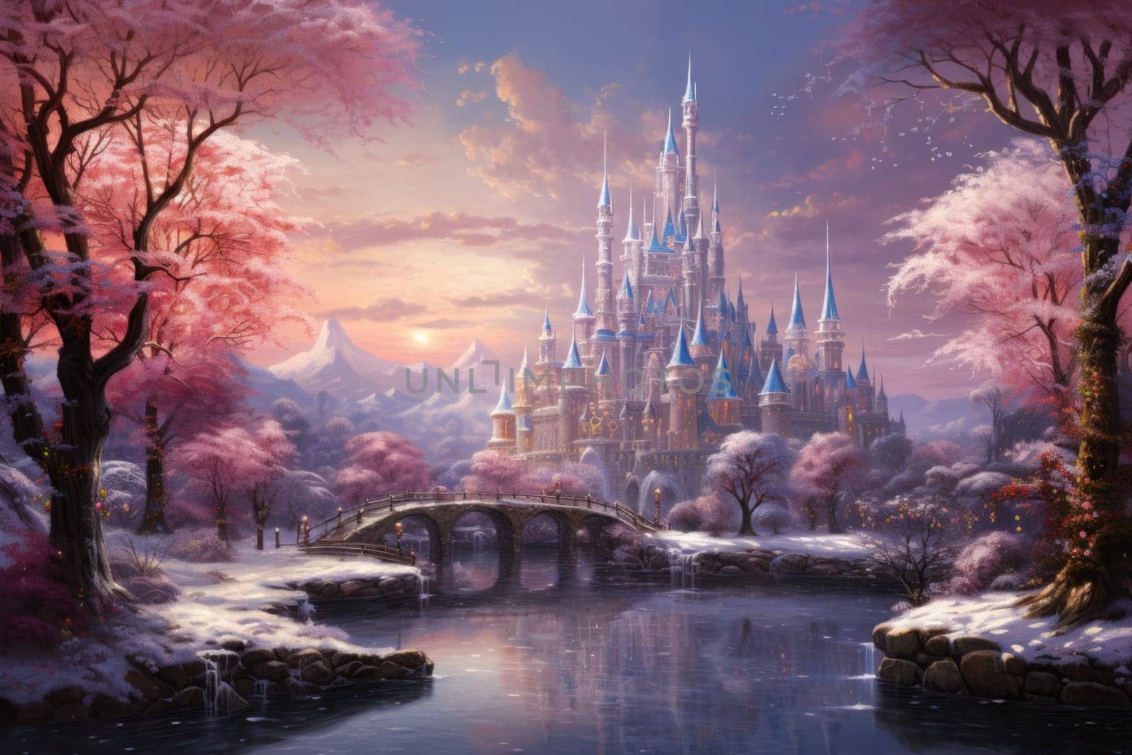 A captivating artistic portrayal of the enchanting winter season, where landscapes are magically transformed into a wonderland adorned with shimmering snow and sparkling icicles.