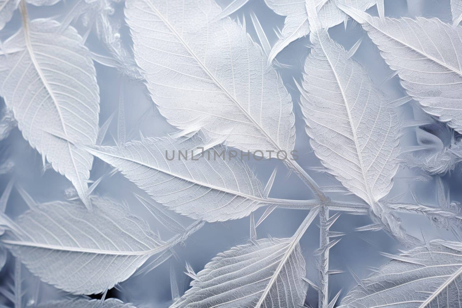 An exquisite display of artistry, capturing the intricate and mesmerizing patterns formed by frost on windows, leaves, and various surfaces through the lens of macro photography, resulting in striking and abstract visual compositions.