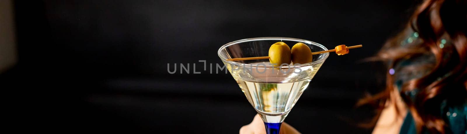 Martini with olives. Classic Shaken Dry Vodka Martini. Space for text