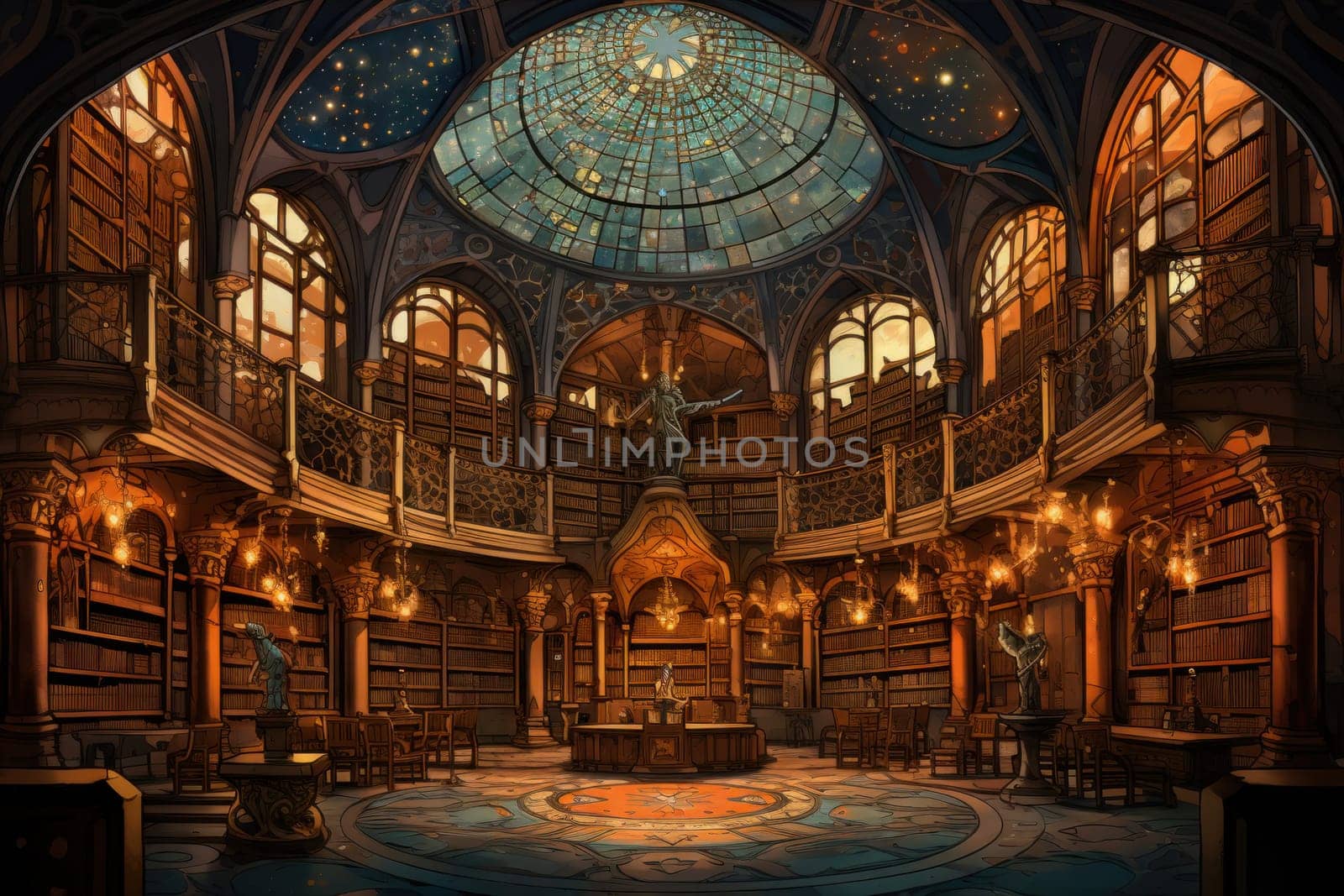 An awe-inspiring depiction of celestial libraries, ancient repositories of boundless universal wisdom.