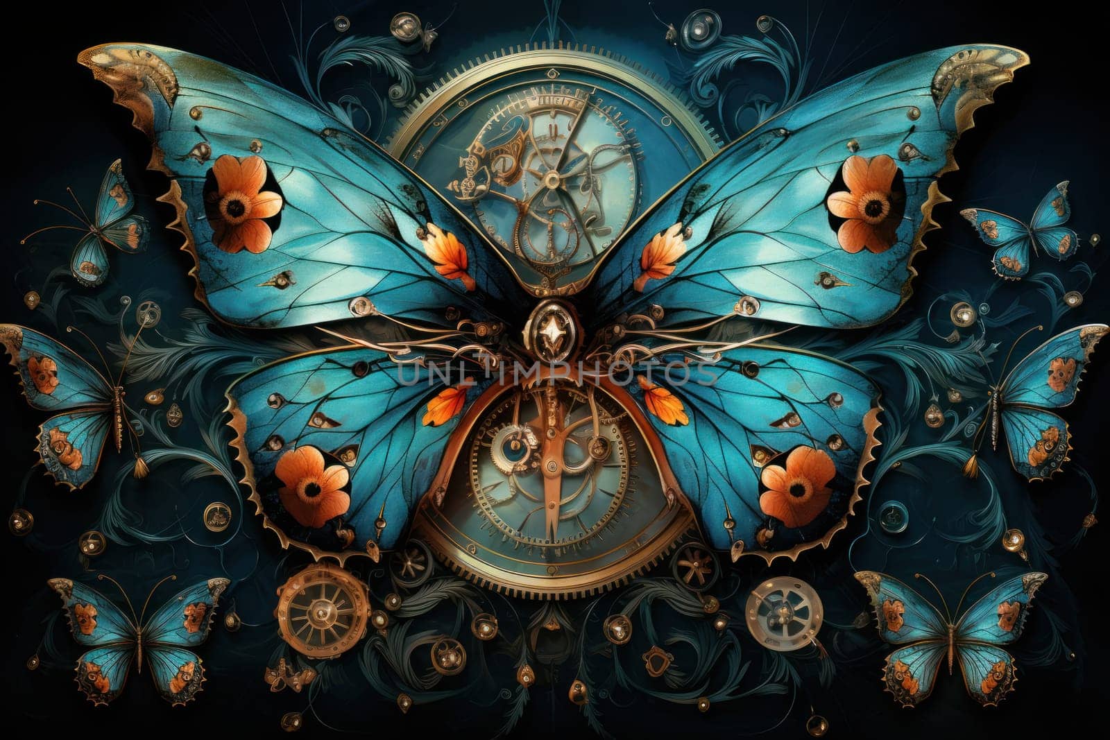 An enchanting portrayal of ethereal clockwork butterflies, fluttering gracefully with intricate precision, each adorned with intricate gears and delicate wings that shimmer with fantastical hues.