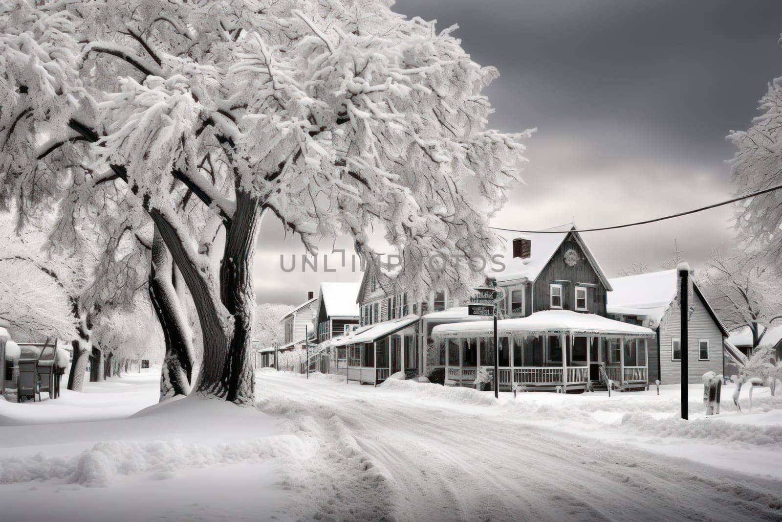 An exquisite winter composition, expertly capturing the tranquil allure of recently fallen snow draping over trees, landscapes, and architectural structures.