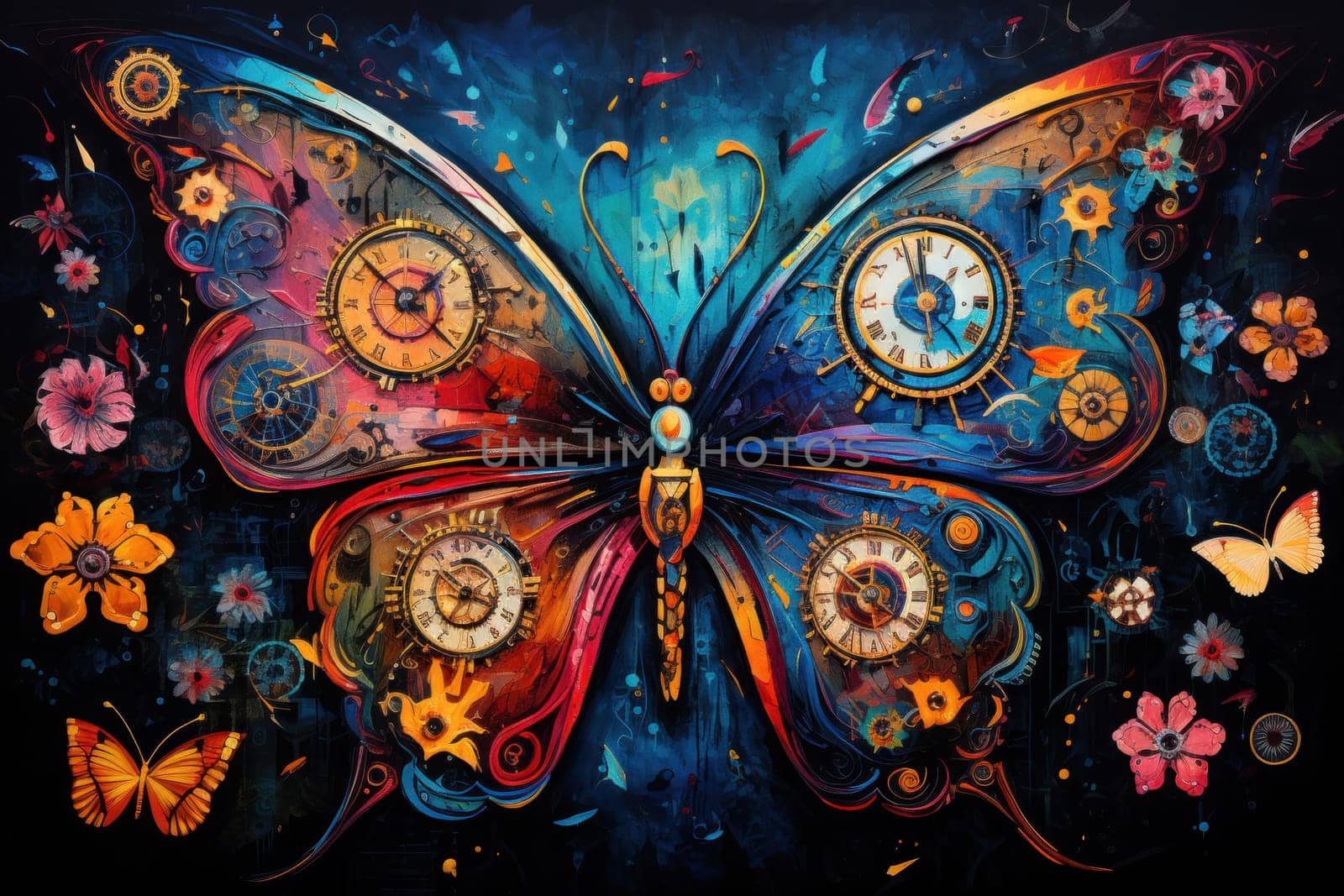 An enchanting portrayal of ethereal clockwork butterflies, fluttering gracefully with intricate precision, each adorned with intricate gears and delicate wings that shimmer with fantastical hues.