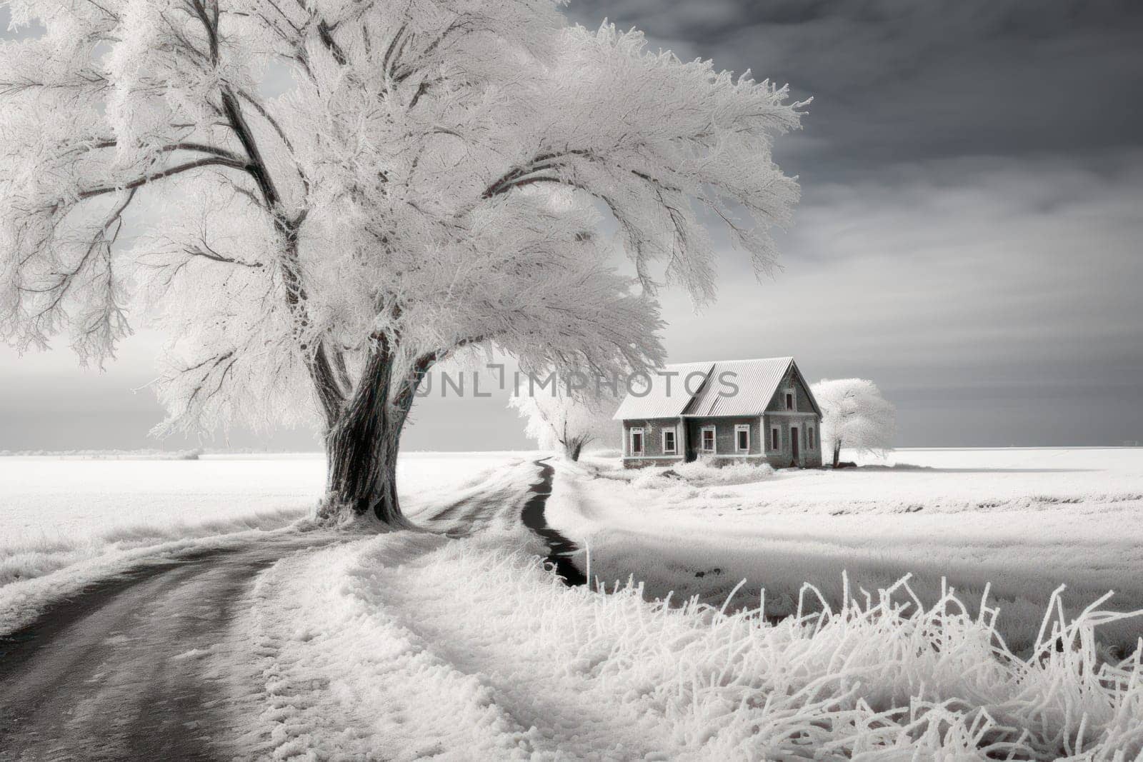 An exquisite winter composition, expertly capturing the tranquil allure of recently fallen snow draping over trees, landscapes, and architectural structures.