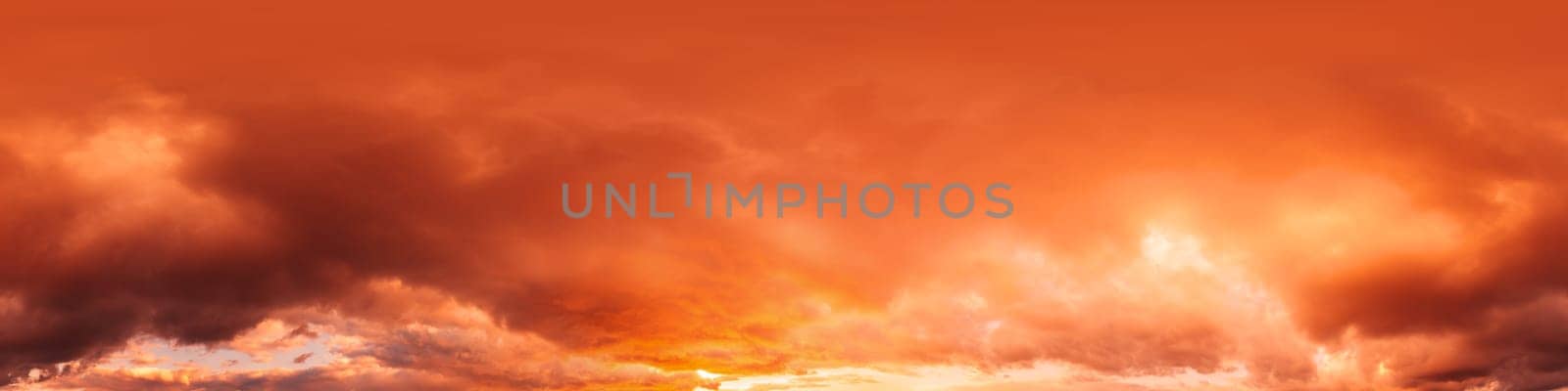 Dramatic sunset sky panorama with bright glowing red pink Cumulus clouds. HDR 360 seamless spherical panorama. Sky dome in 3D, sky replacement for aerial drone panoramas. Weather and climate change. by Matiunina