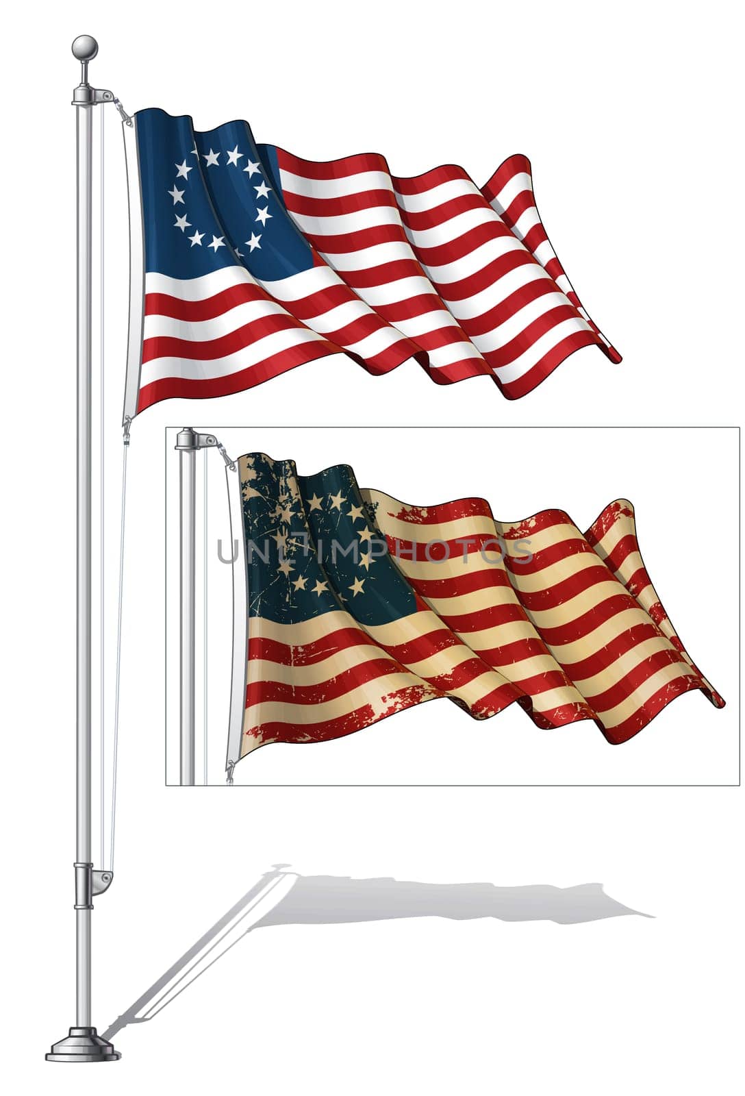 Vector Illustration of a waving US Betsy Ross flag in a clean-cut and an aged version, fasten on a flag pole.Both versions are in-place in separate groups. Flags and pole in separate layers line art, shading and color neatly in groups for easy editing.