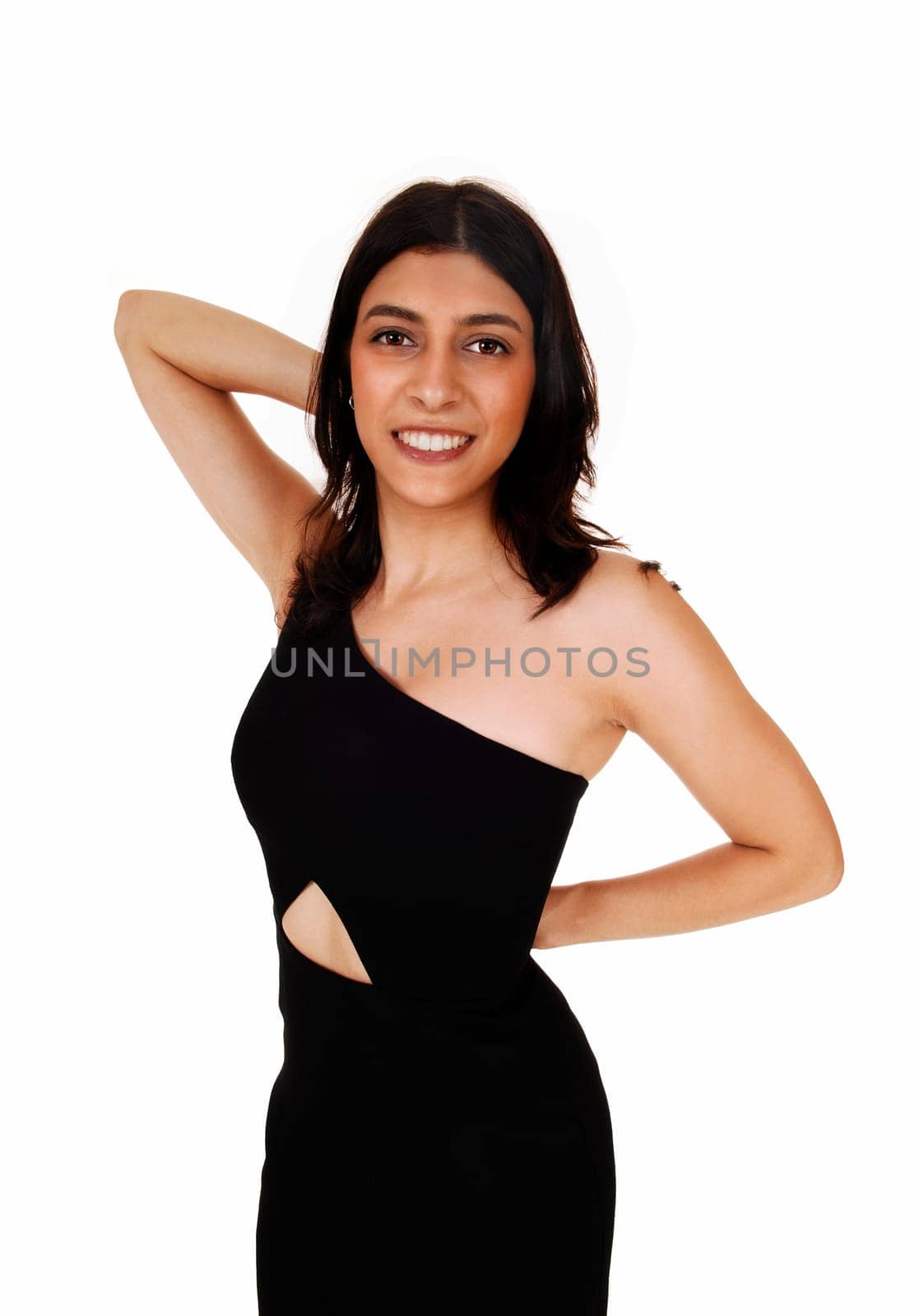A closeup portrait of a young smiling woman in a black dress, isolated.on white background..