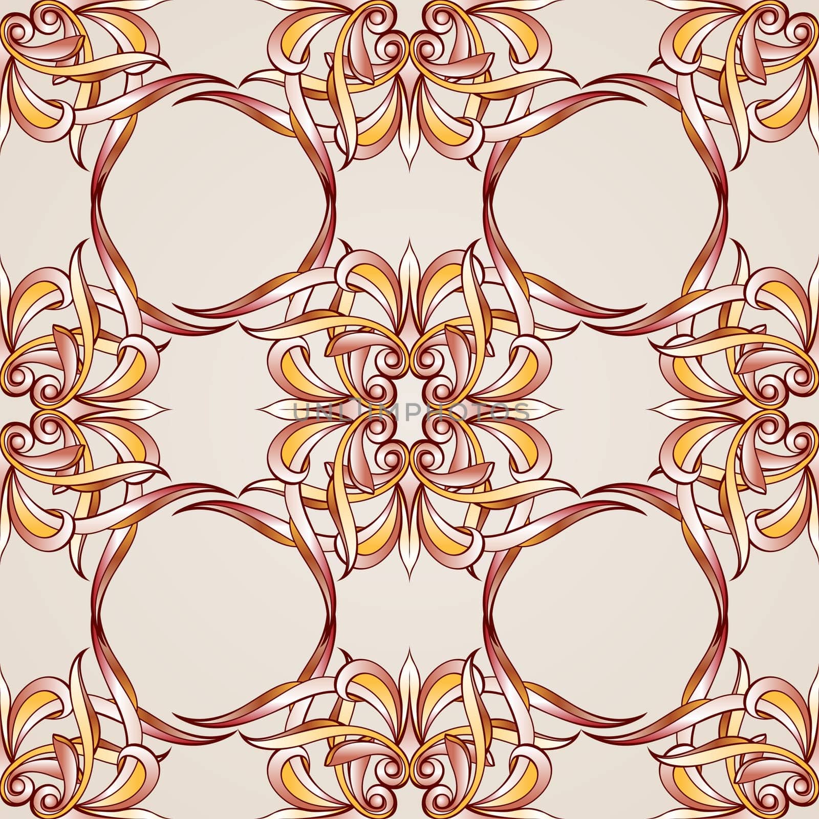 Seamless pattern with floral elements weaving. Illustration in burgundy, pink, light brown and yellow shades on pastel rose pink background