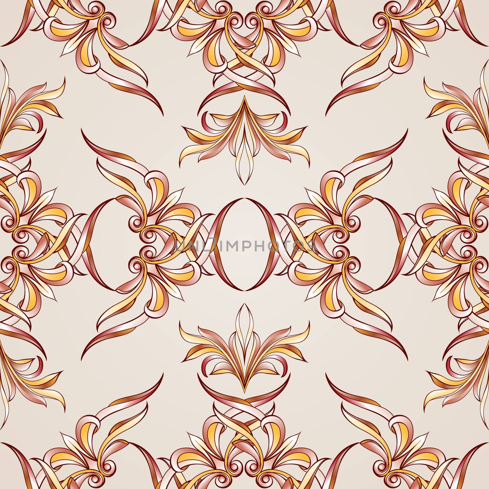 Seamless floral pattern with elements weaving. Illustration in burgundy, pink, light brown and yellow shades on pastel rose pink background