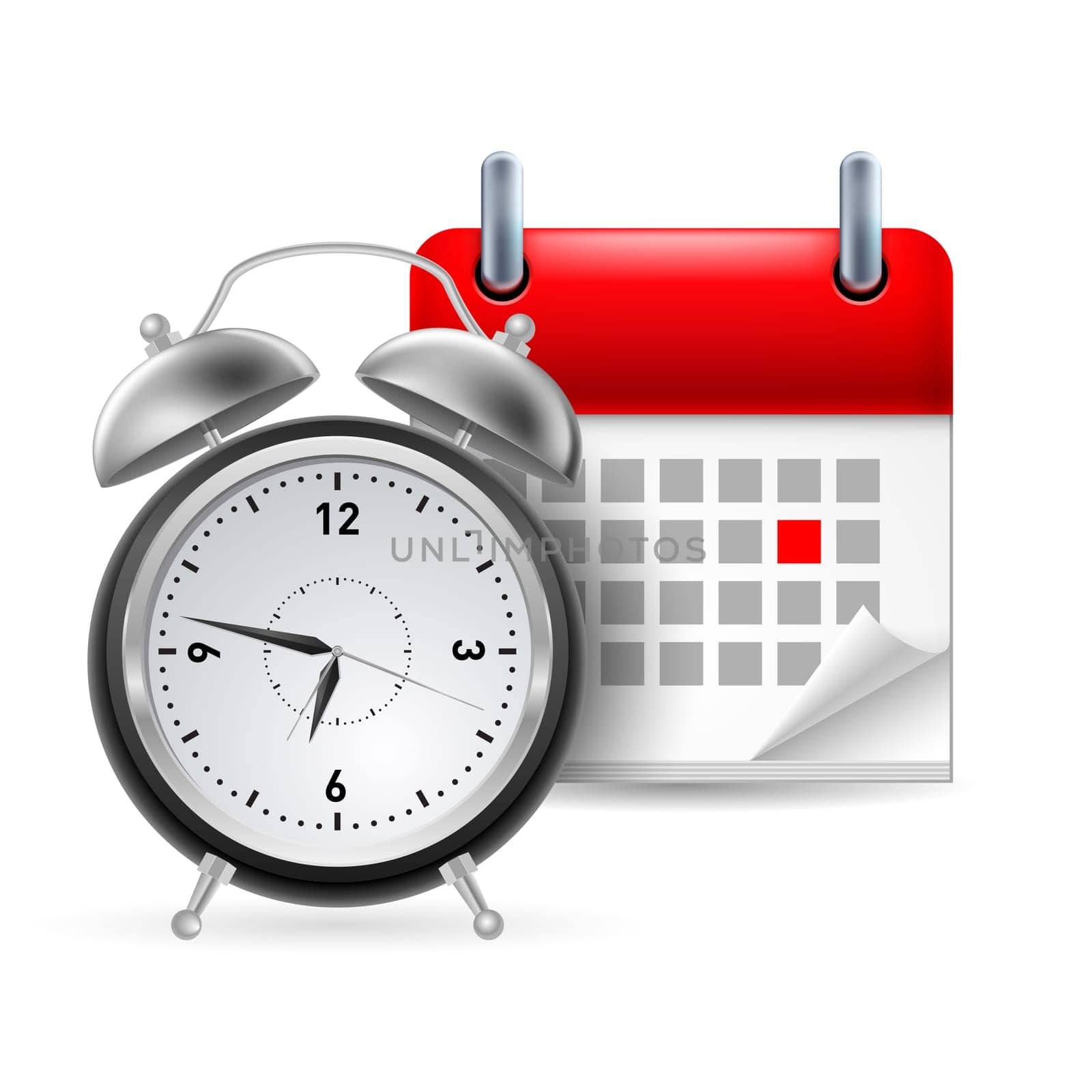 Page calendar with a marked red-letter day of the week. Near to clock