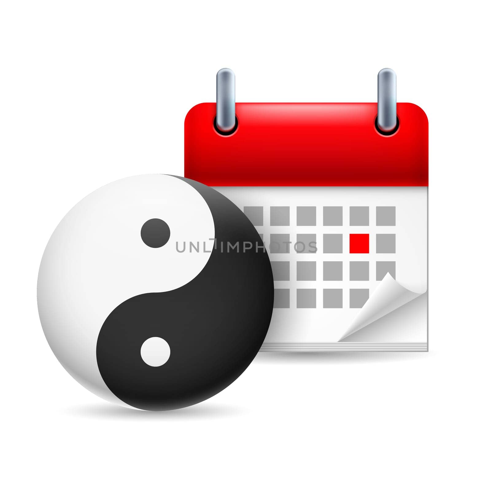 Page calendar with a marked red-letter day of the week. Near to the yin-yang