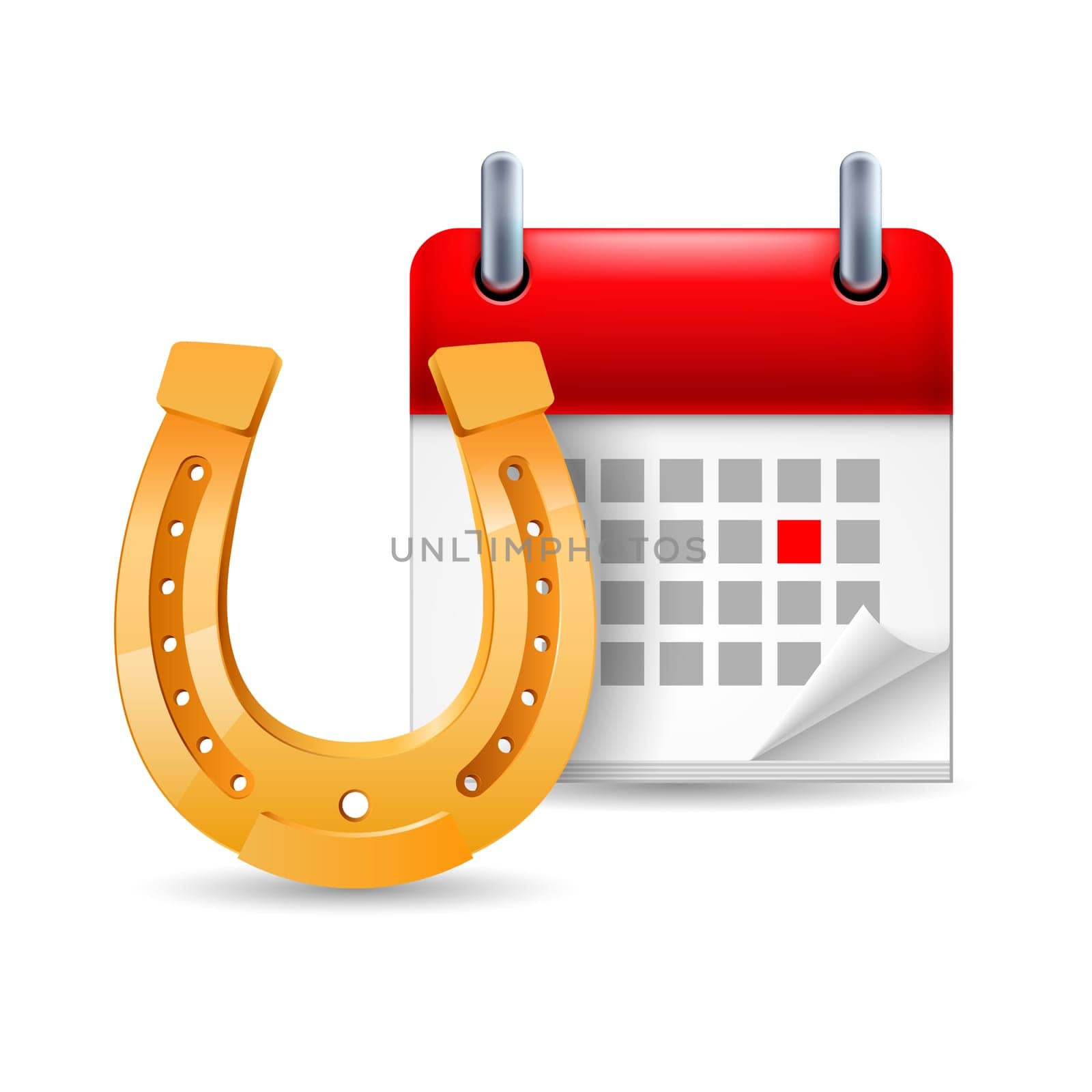 Page calendar with a marked red-letter day of the week. Near to horseshoe