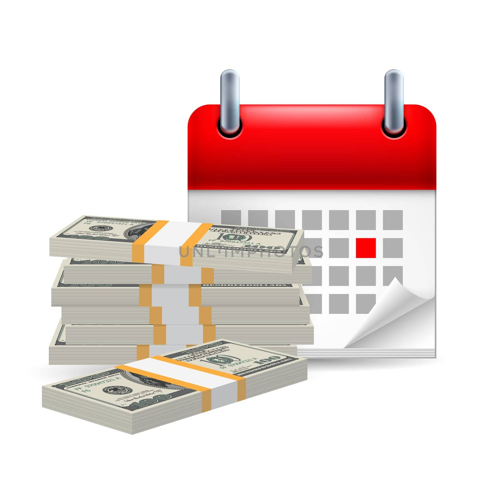 Page calendar with a marked red-letter day of the week. Near to money (dollars)