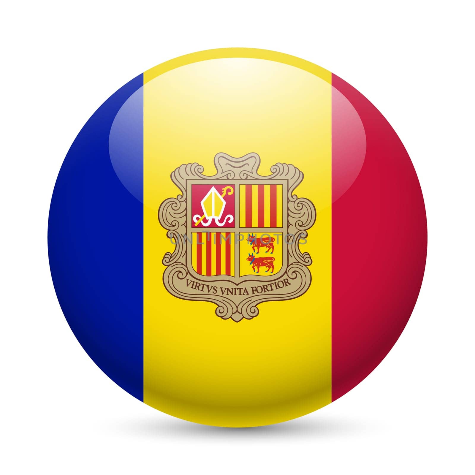 Flag of Andorra as round glossy icon. Button with Andorran flag