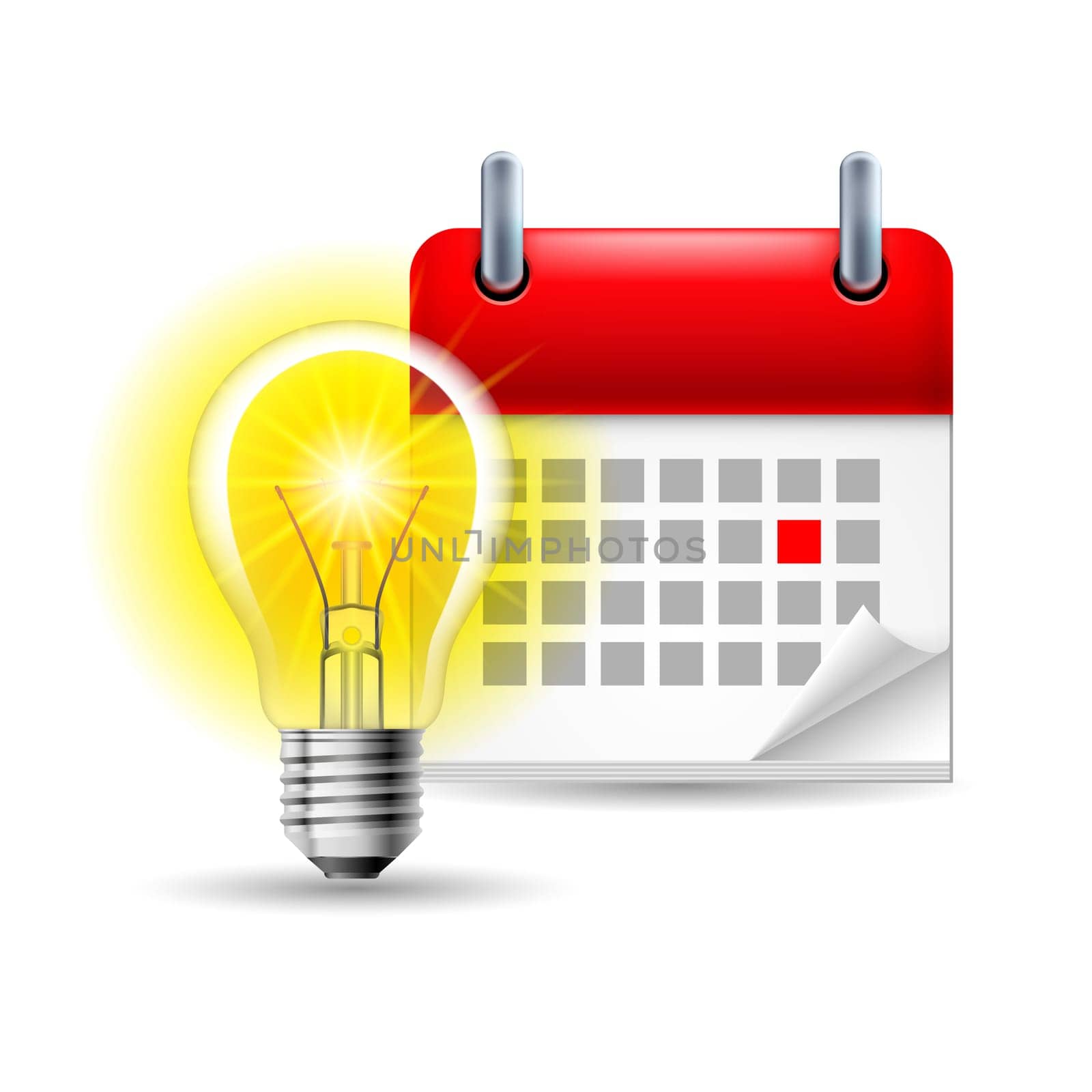 Page calendar with a marked red-letter day of the week. Near to lightbulb