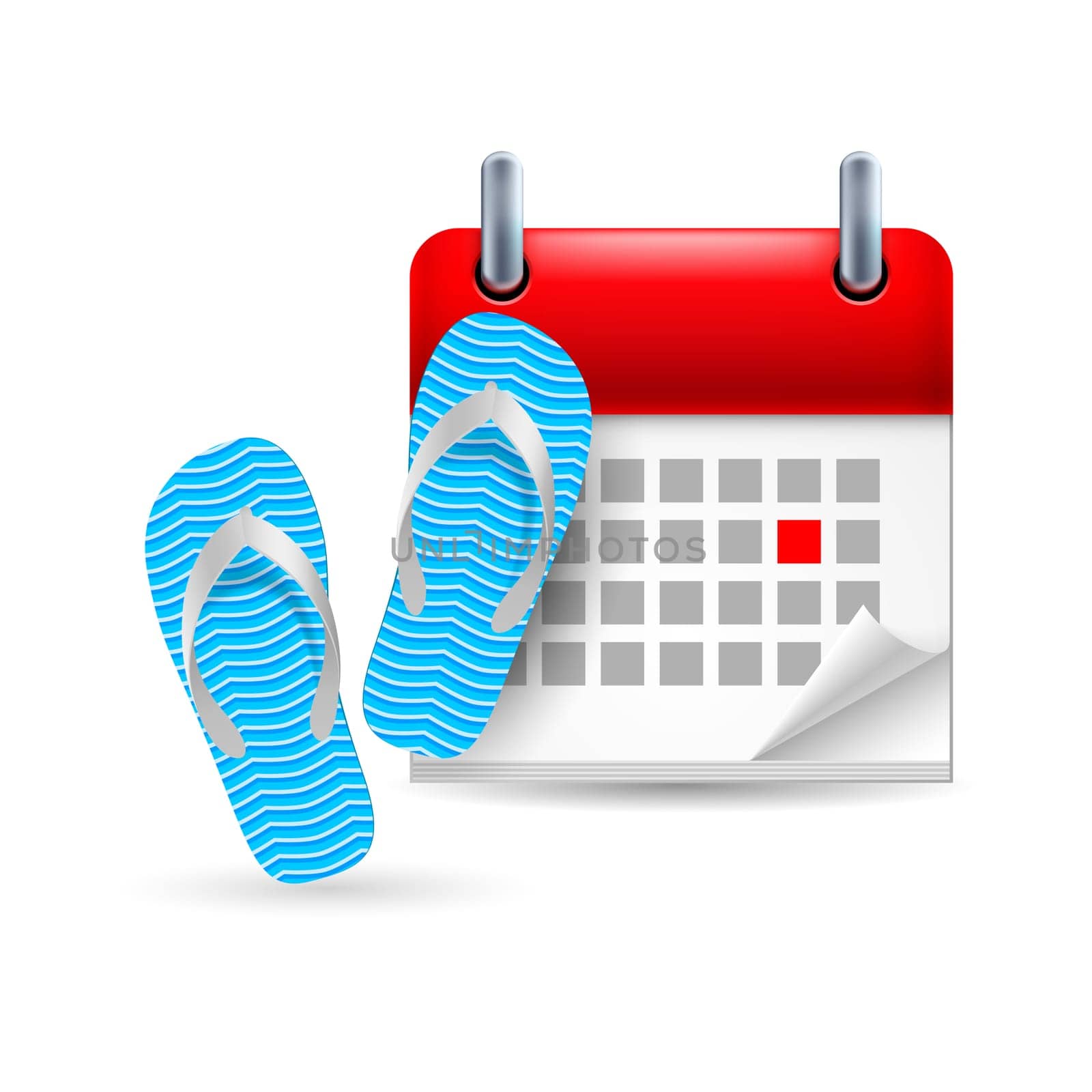 Page calendar with a marked red-letter day of the week. Near to flip flops shoes