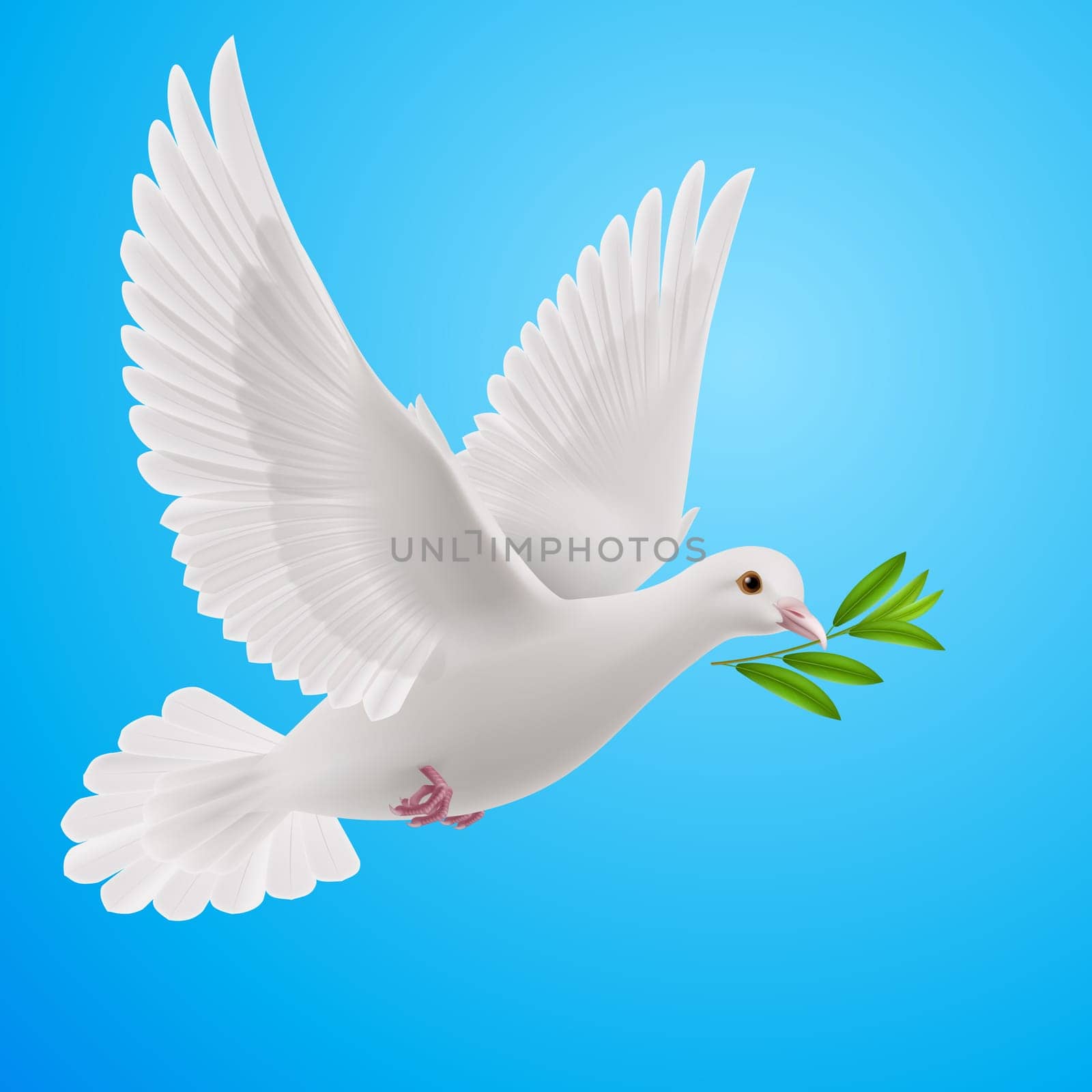 Dove of peace flying with a green twig after flood on a blue background